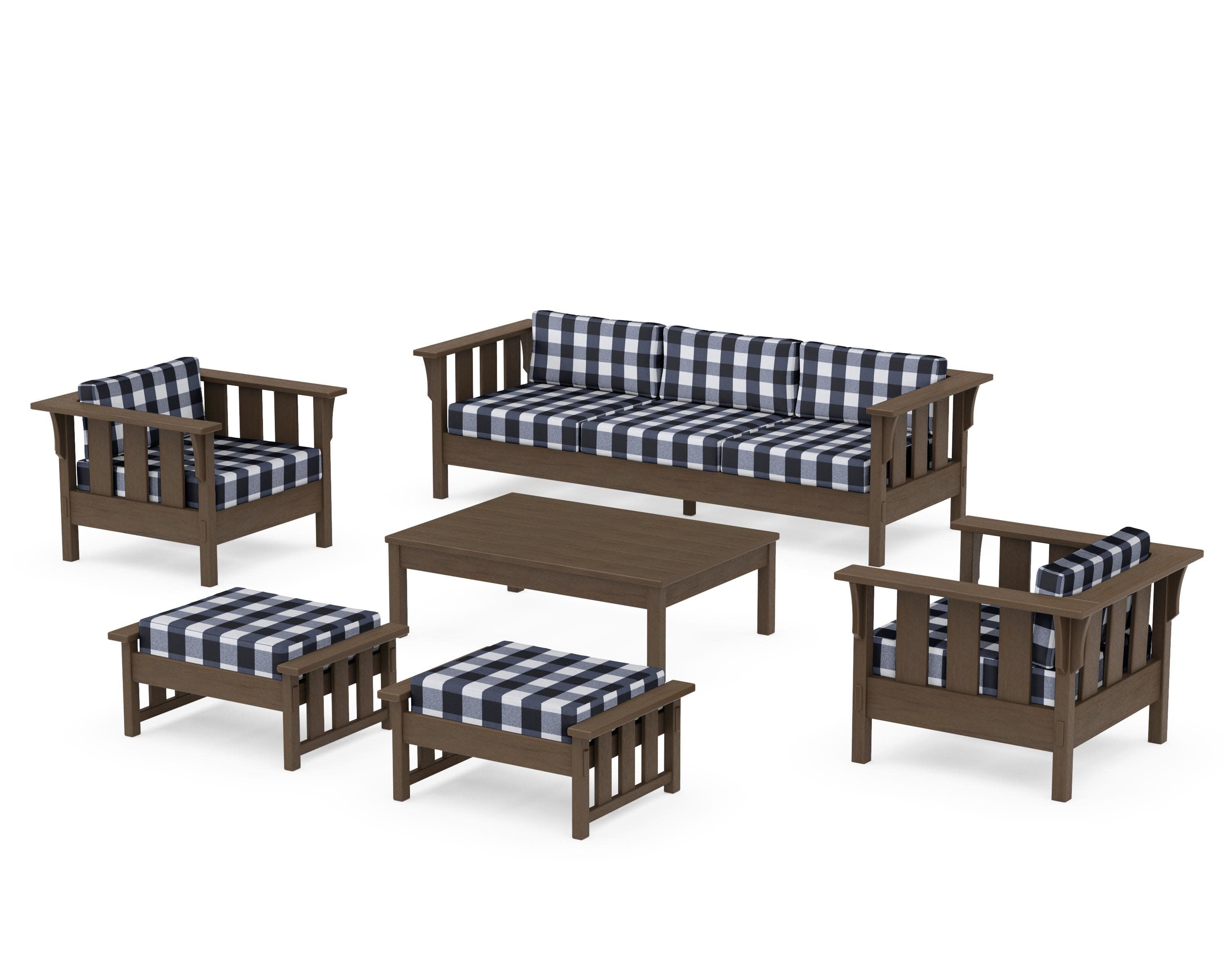Acadia 6-Piece Lounge Sofa Set in Kona / Buffalo Plaid Marine Indigo