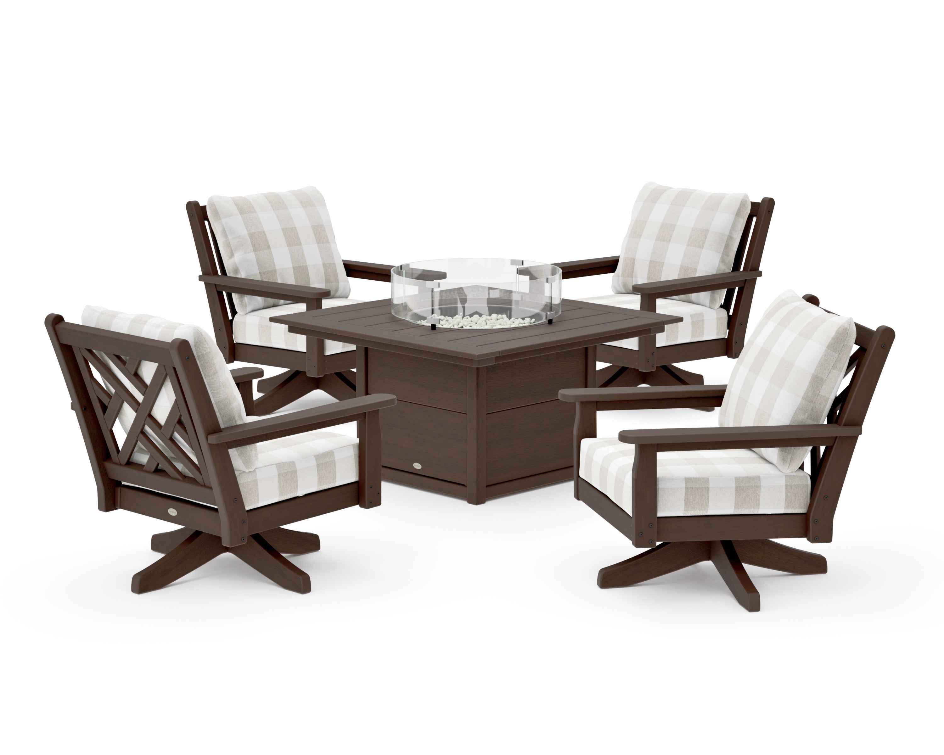 Chippendale 5-Piece Deep Seating Swivel Conversation Set with Fire Pit Table in Kona / Buffalo Plaid Dune Burlap