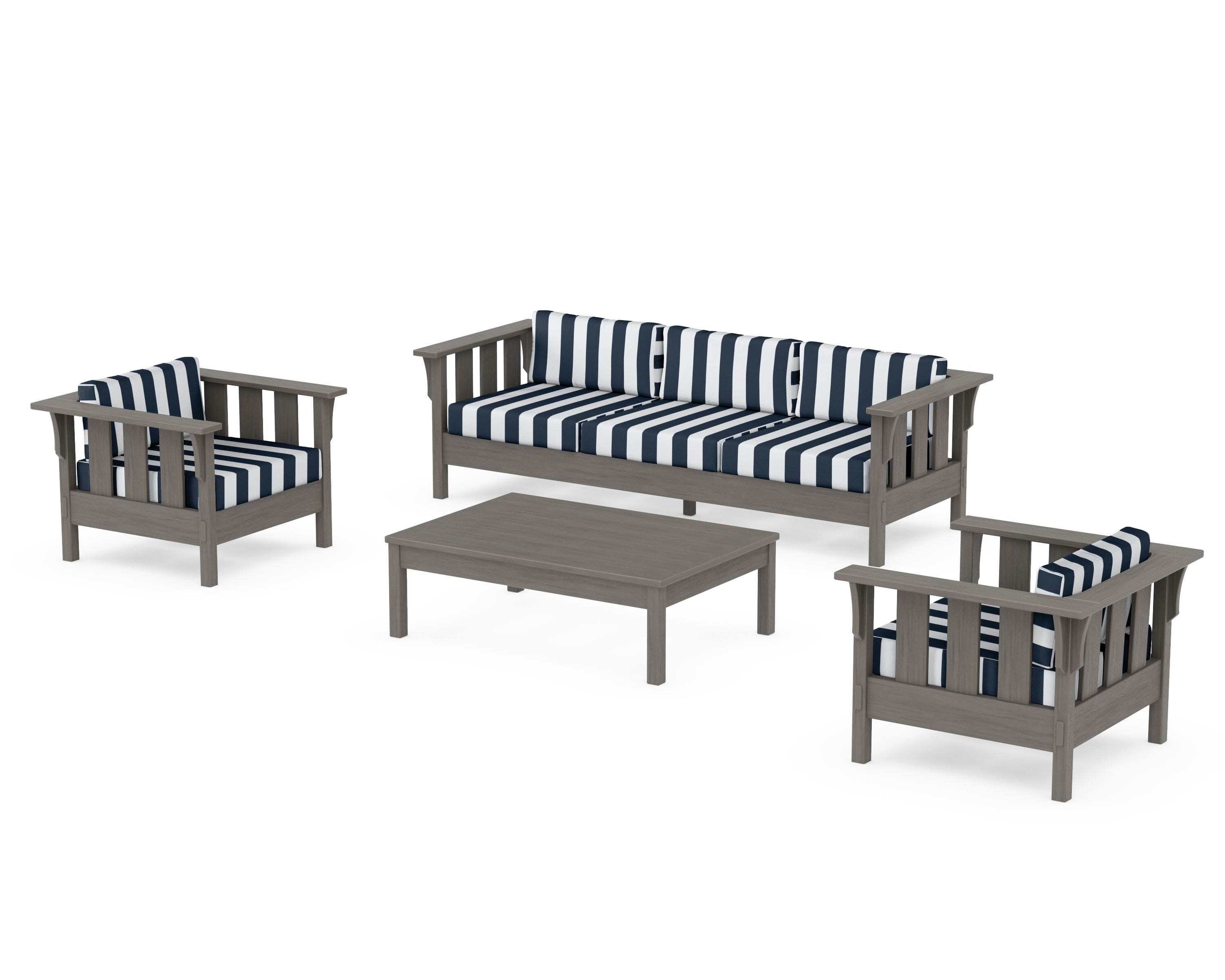 Acadia 4-Piece Deep Seating Set with Sofa in Driftwood / Cabana Stripe Marine Indigo