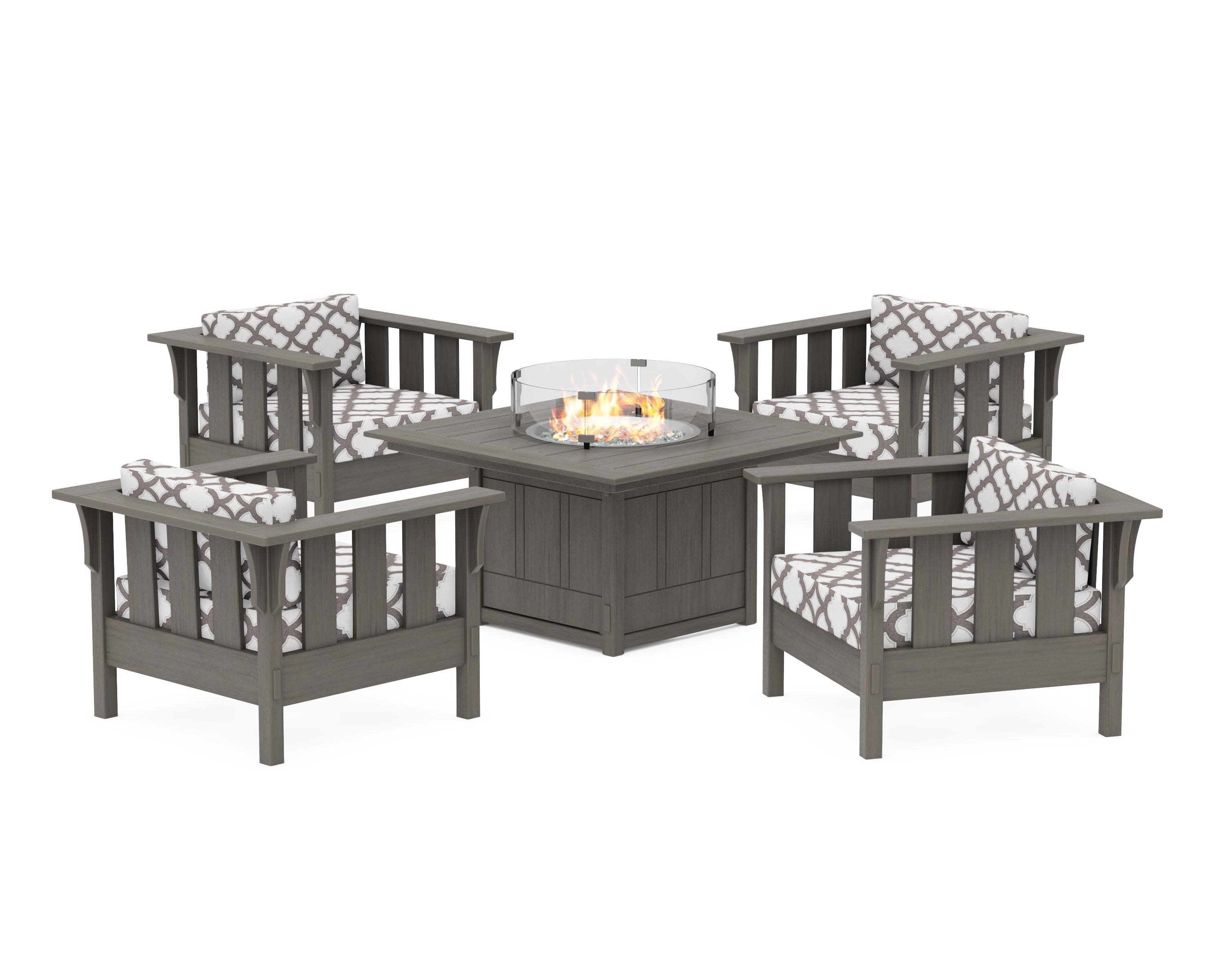 Acadia 5-Piece Deep Seating Set with Fire Pit Table in Driftwood / Trellis Grey Mist
