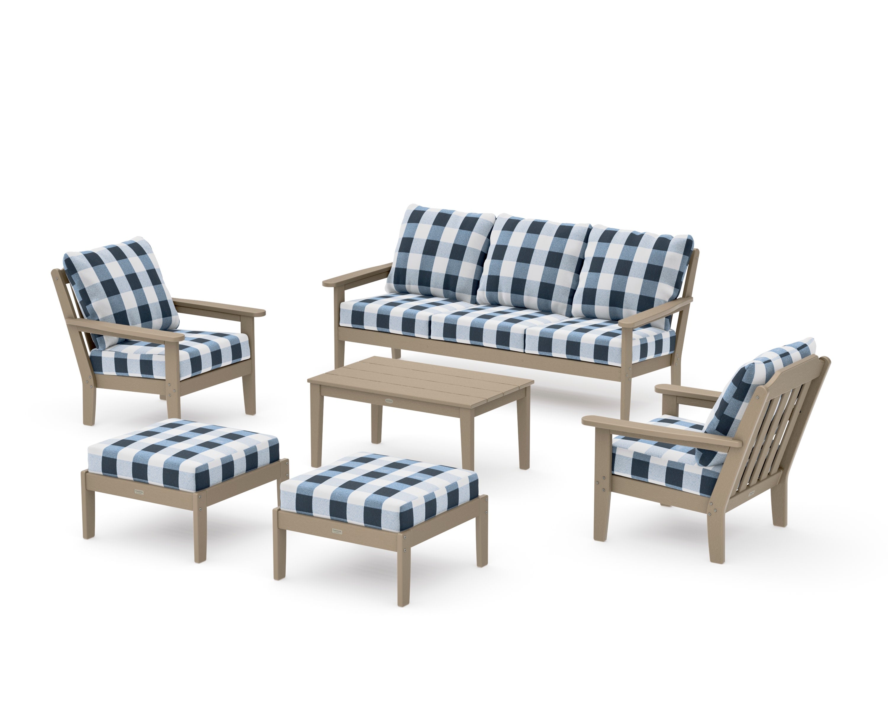 Cottage 6-Piece Lounge Sofa Set in Vintage Sahara / Buffalo Plaid Marine Indigo