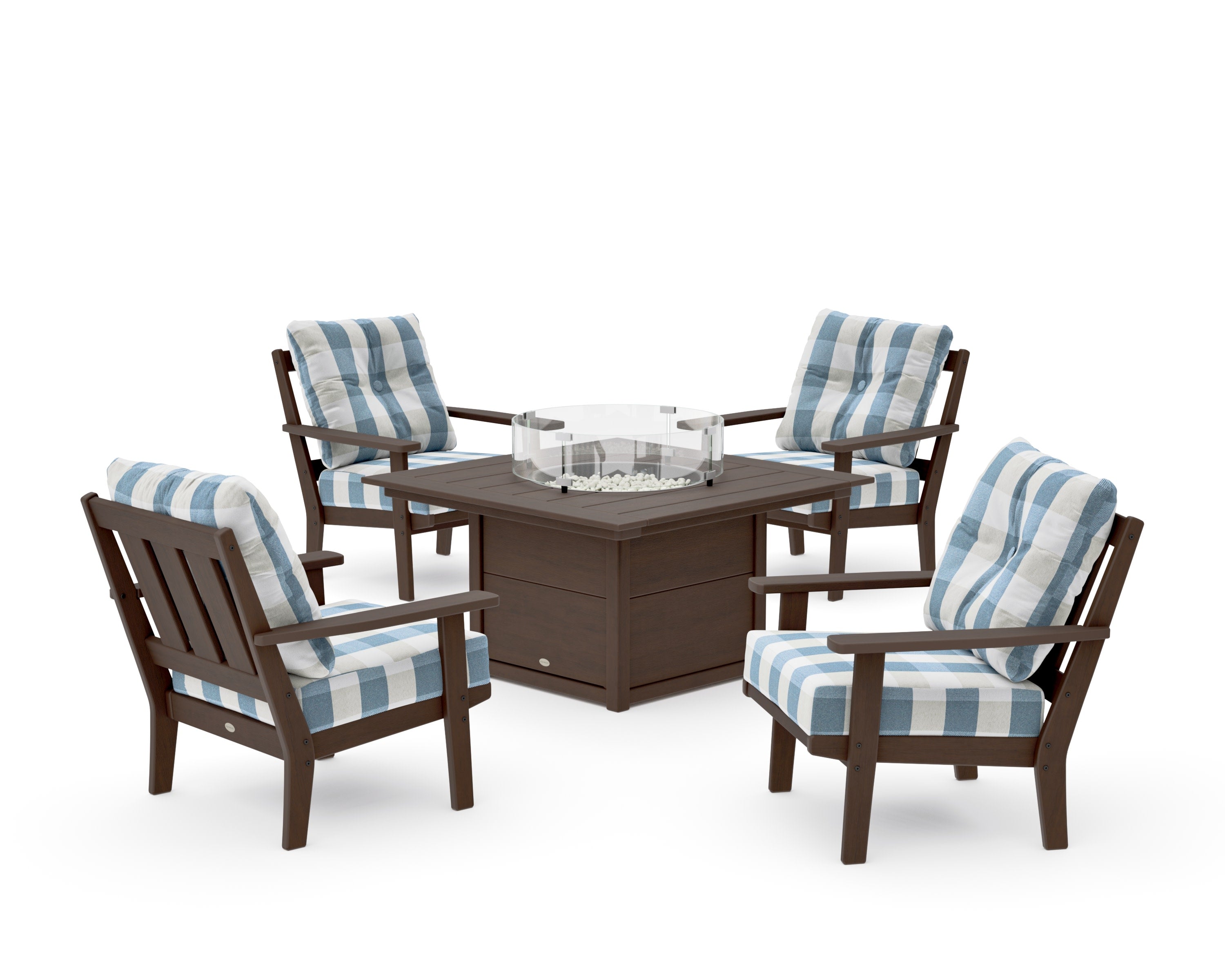 Oxford 5-Piece Deep Seating Set with Fire Pit Table in Kona / Buffalo Plaid Sky Blue