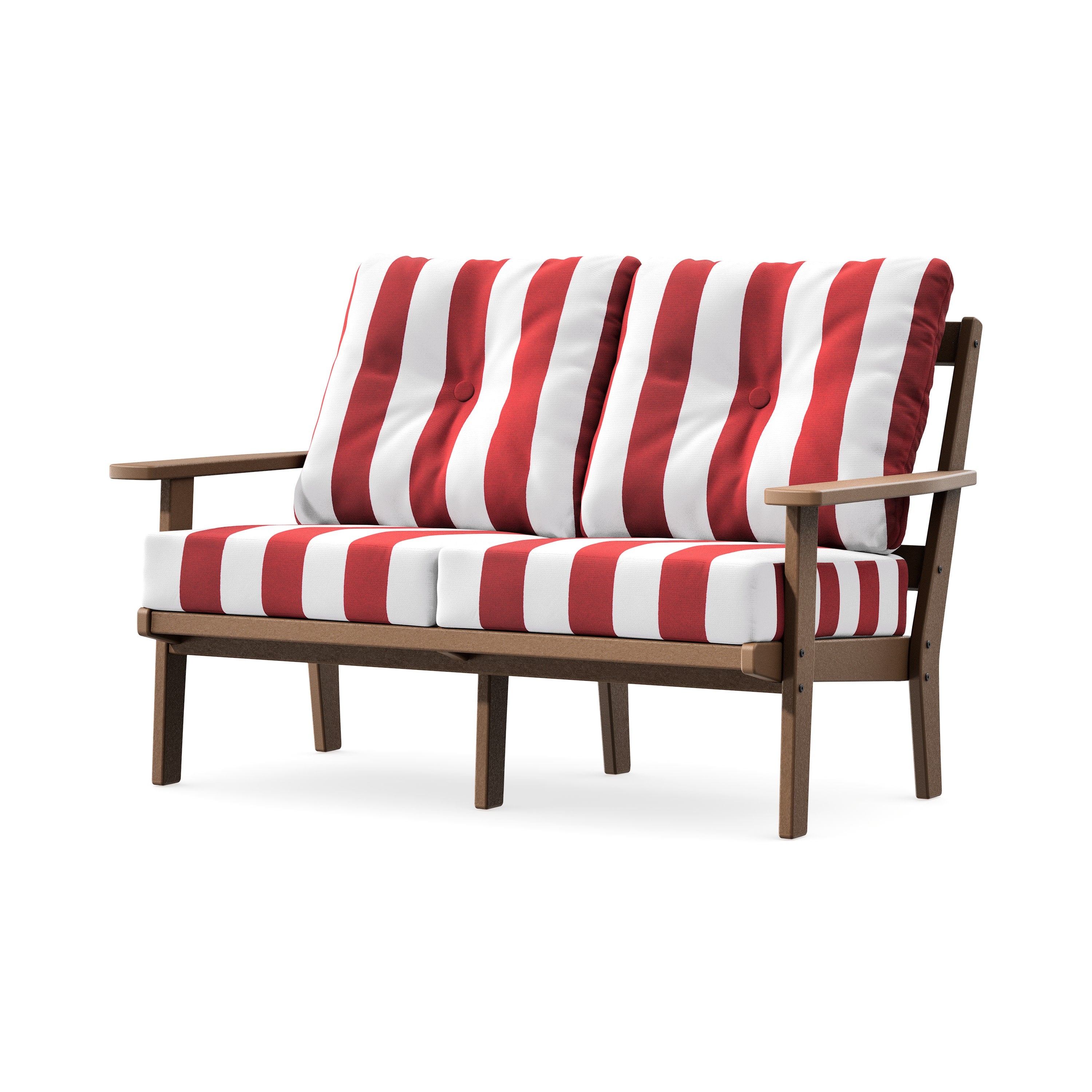 Prairie Deep SeatingLoveseat in Teak / Cabana Stripe Crimson