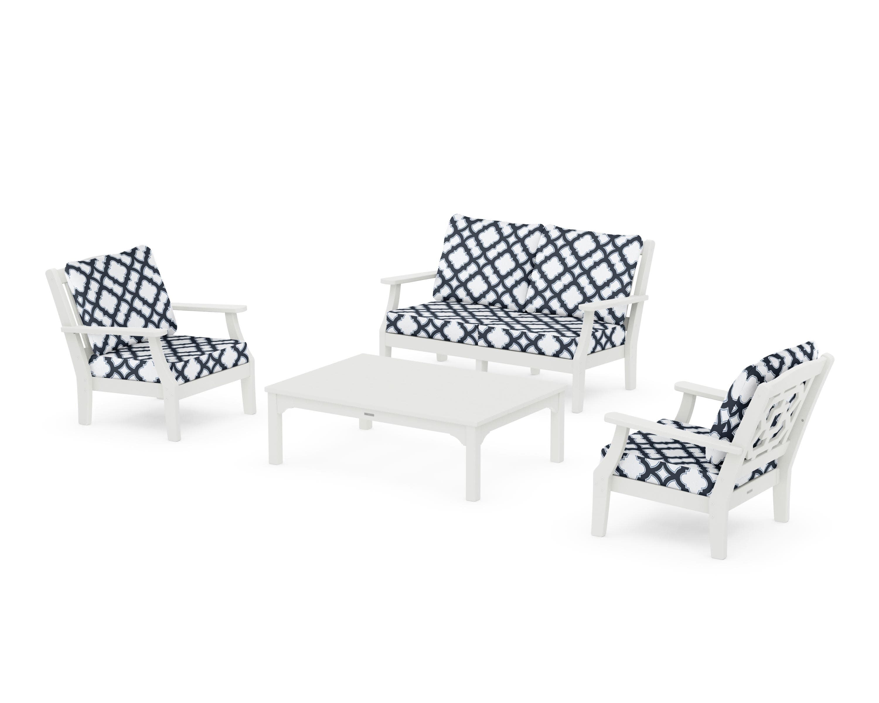 Chinoiserie 4-Piece Deep Seating Set with Loveseat in Vintage White / Trellis Marine Indigo