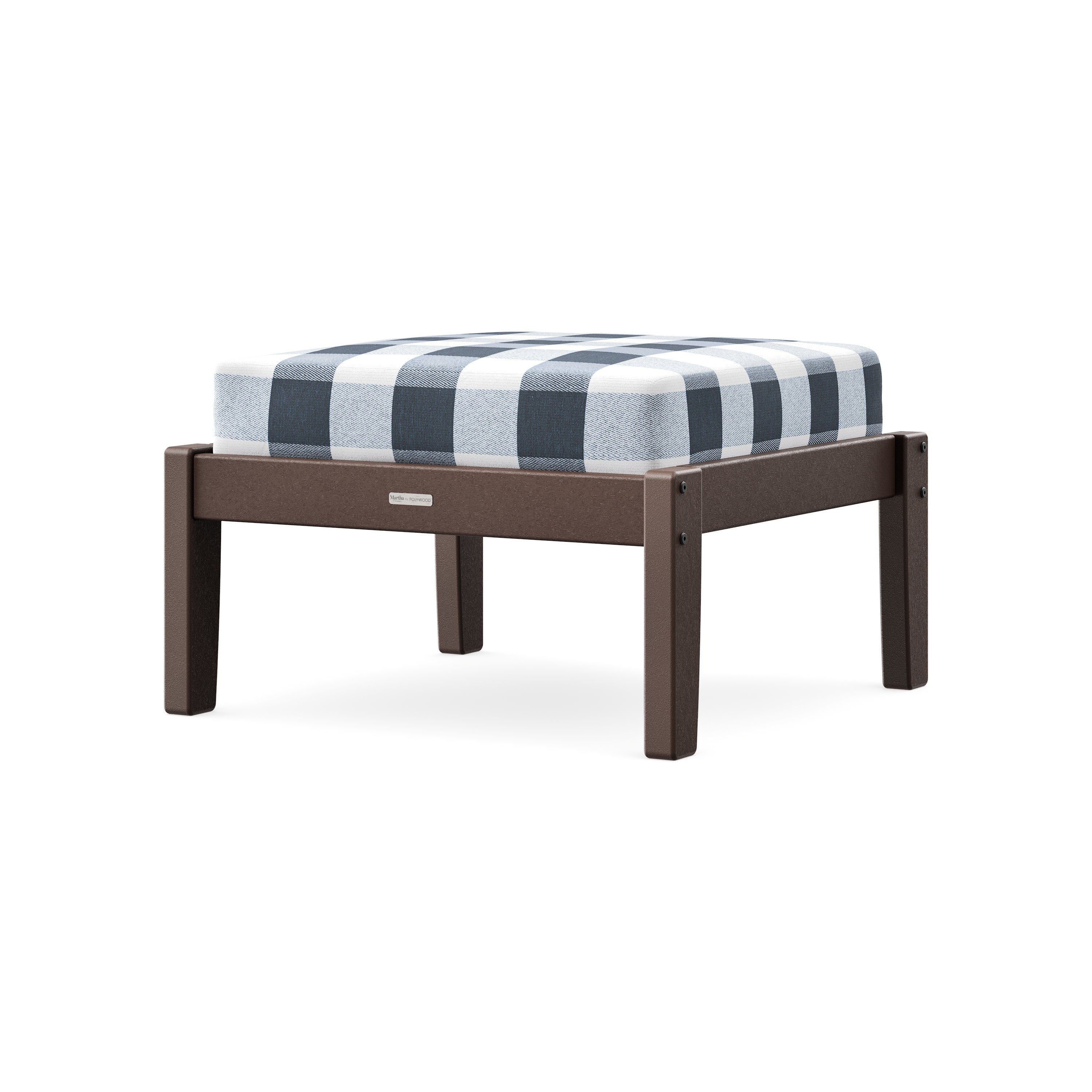 Chinoiserie Deep Seating Ottoman in Mahogany / Buffalo Plaid Marine Indigo