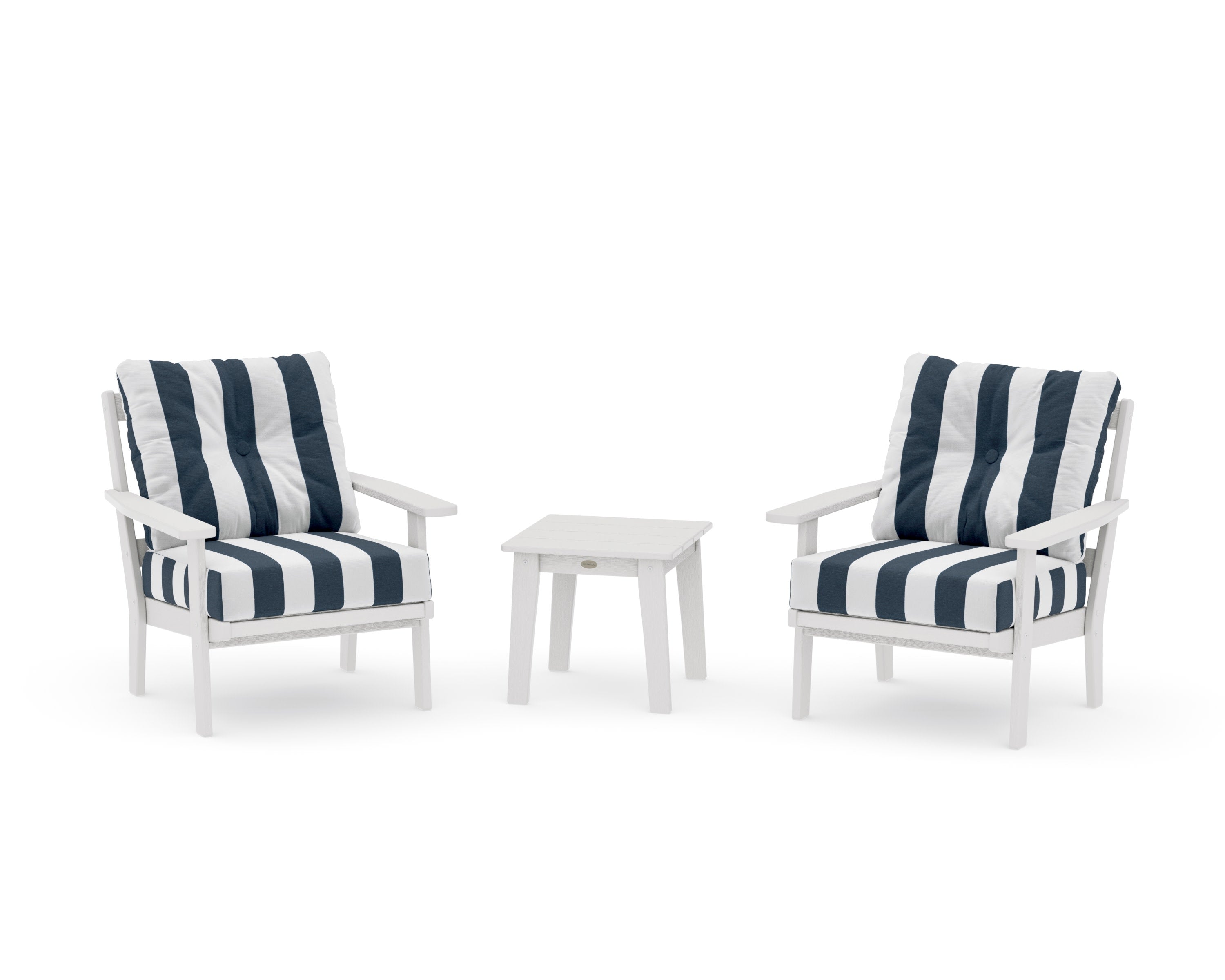Prairie 3-Piece Deep Seating Set in Vintage White / Cabana Stripe Marine Indigo