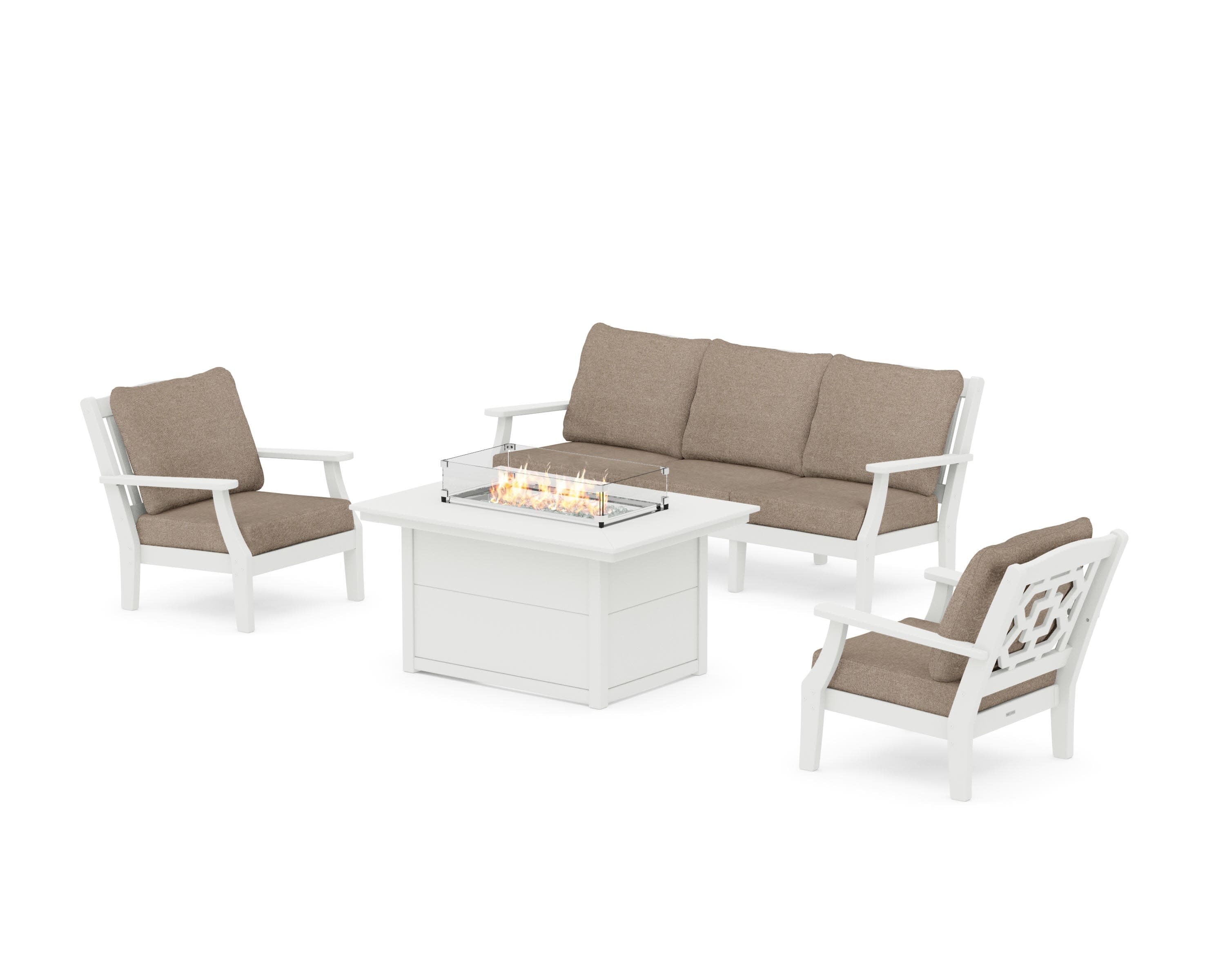 Chinoiserie Deep Seating Fire Pit Table Set in Vintage White / Spiced Burlap