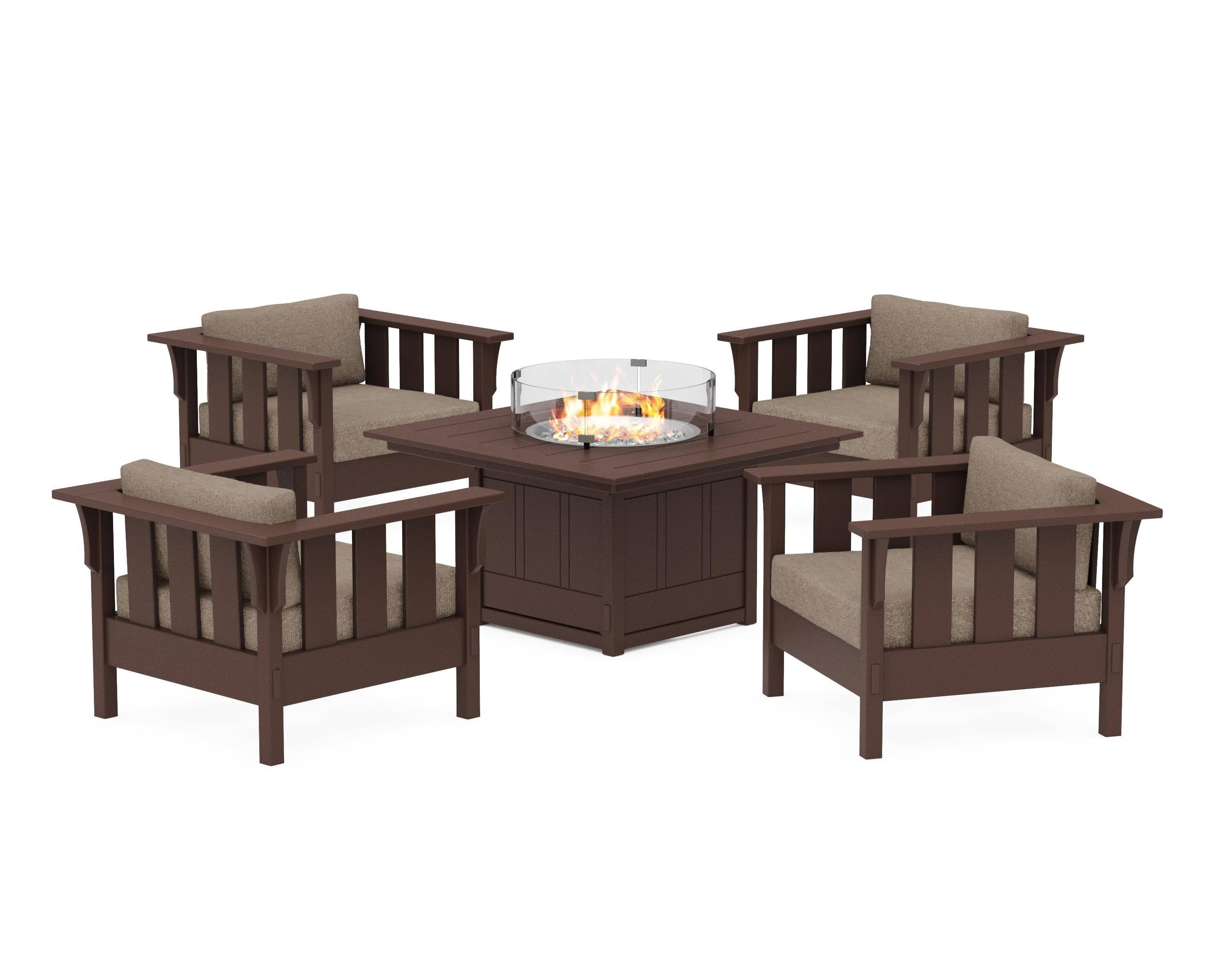Acadia 5-Piece Deep Seating Set with Fire Pit Table in Mahogany / Spiced Burlap