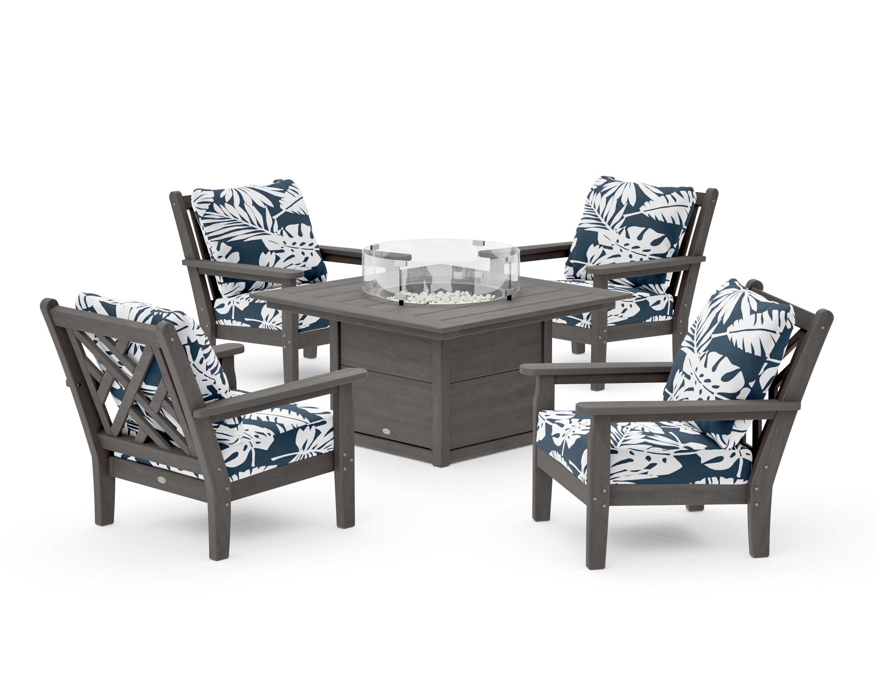 Chippendale 5-Piece Deep Seating Set with Fire Pit Table in Driftwood / Leaf Marine Indigo