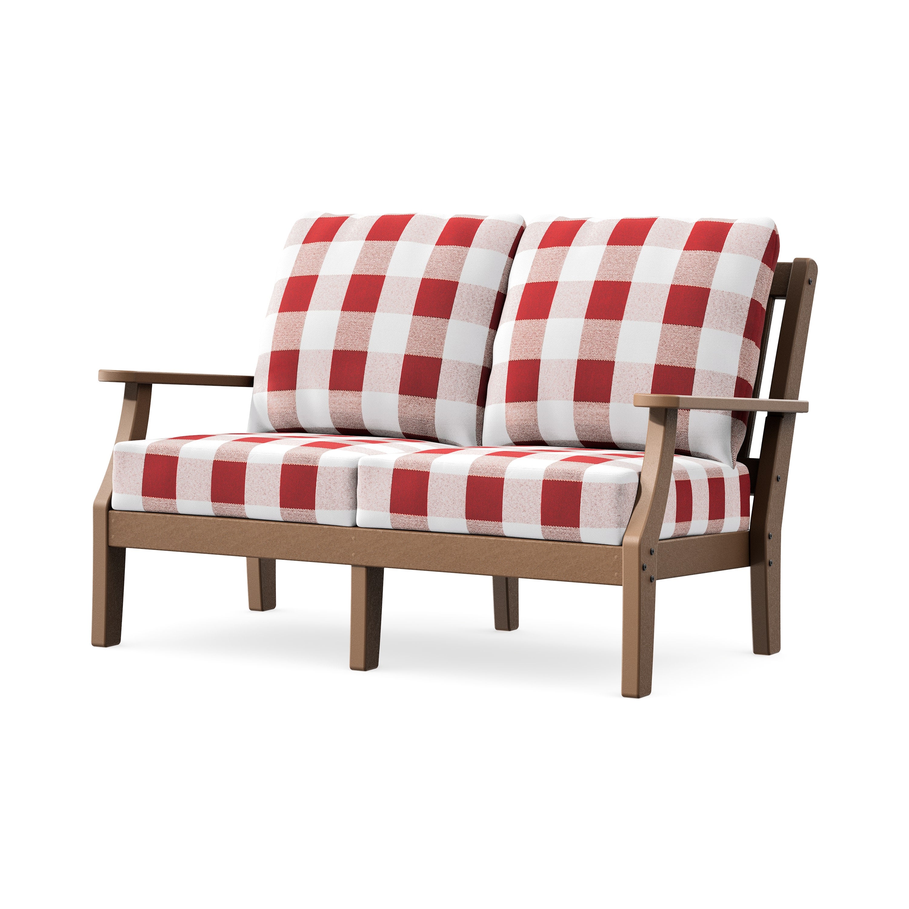 Chinoiserie Deep Seating Loveseat in Teak / Buffalo Plaid Crimson