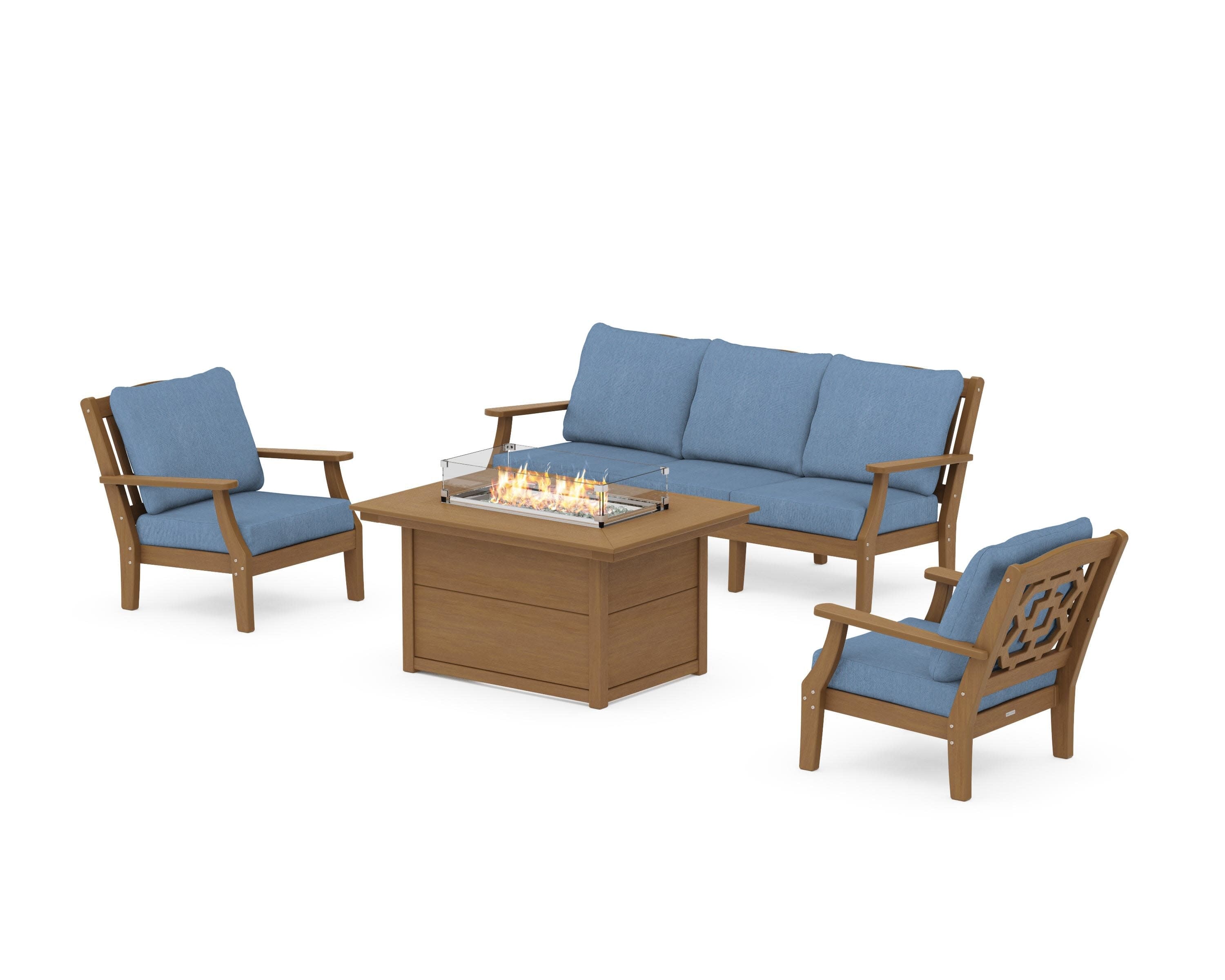 Chinoiserie Deep Seating Fire Pit Table Set in Natural / Sky Blue