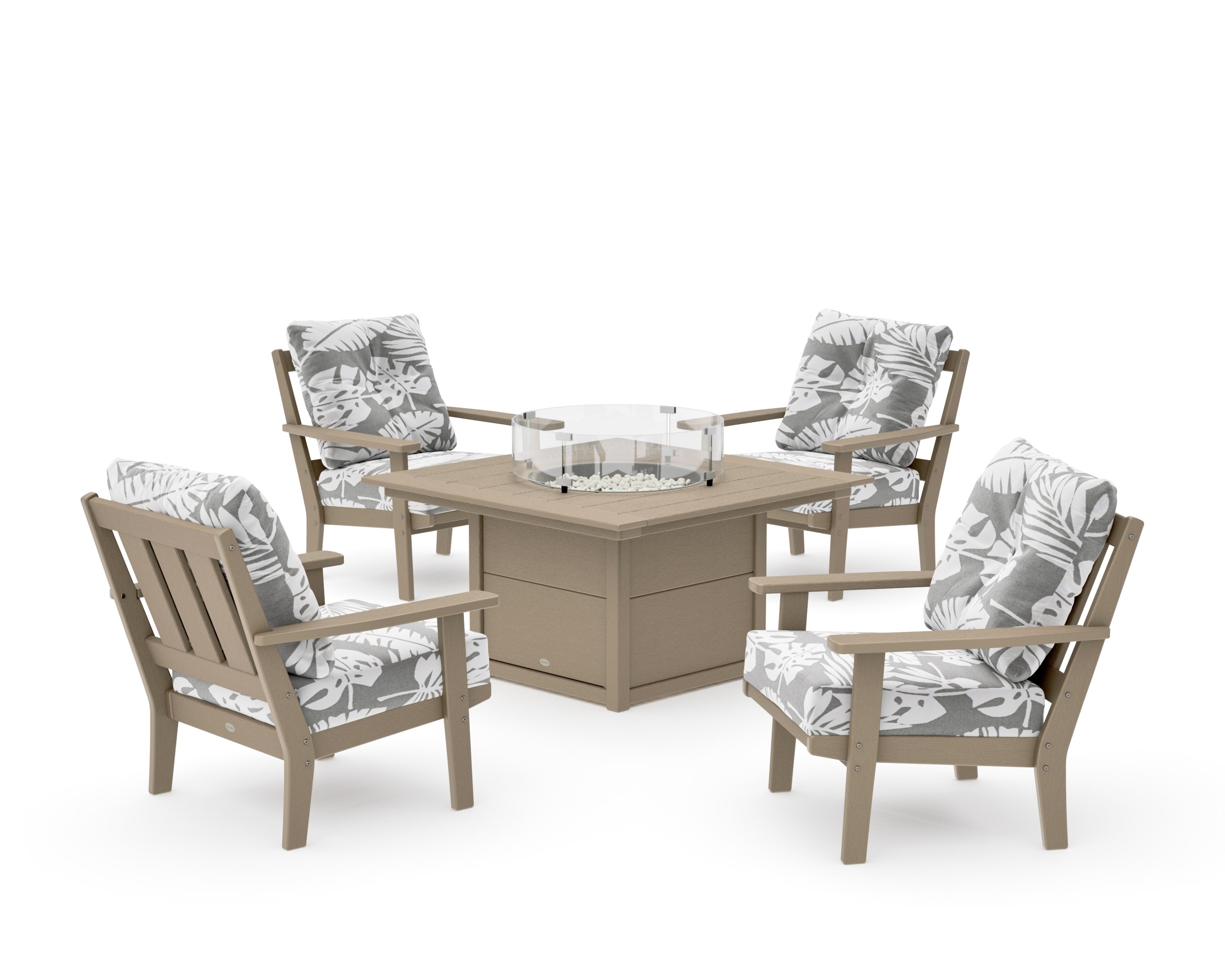 Oxford 5-Piece Deep Seating Set with Fire Pit Table in Vintage Sahara / Leaf Grey Mist