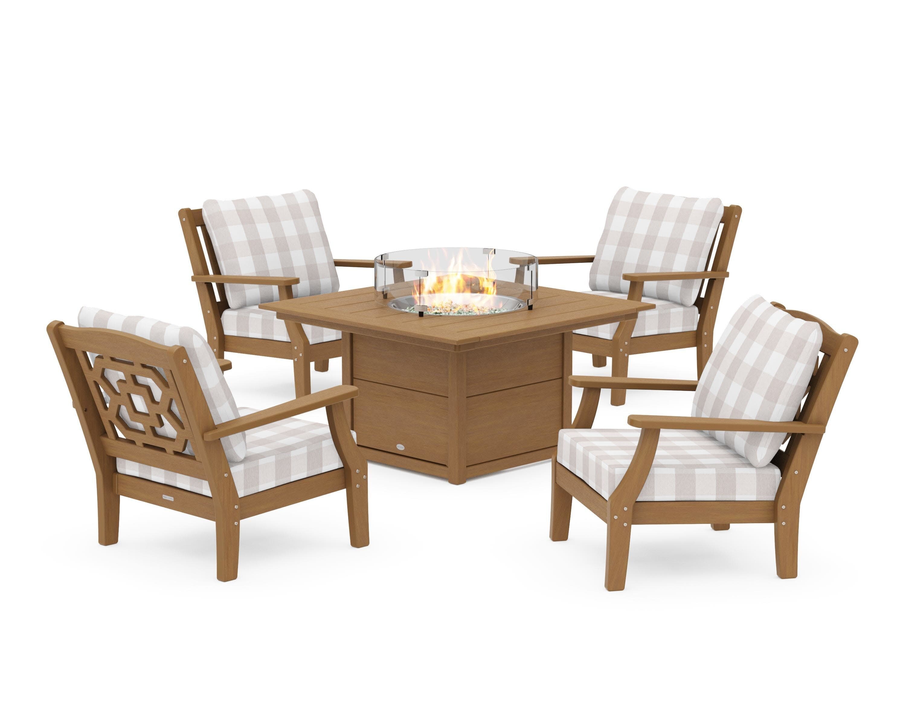 Chinoiserie 5-Piece Deep Seating Set with Fire Pit Table in Natural / Buffalo Plaid Dune Burlap