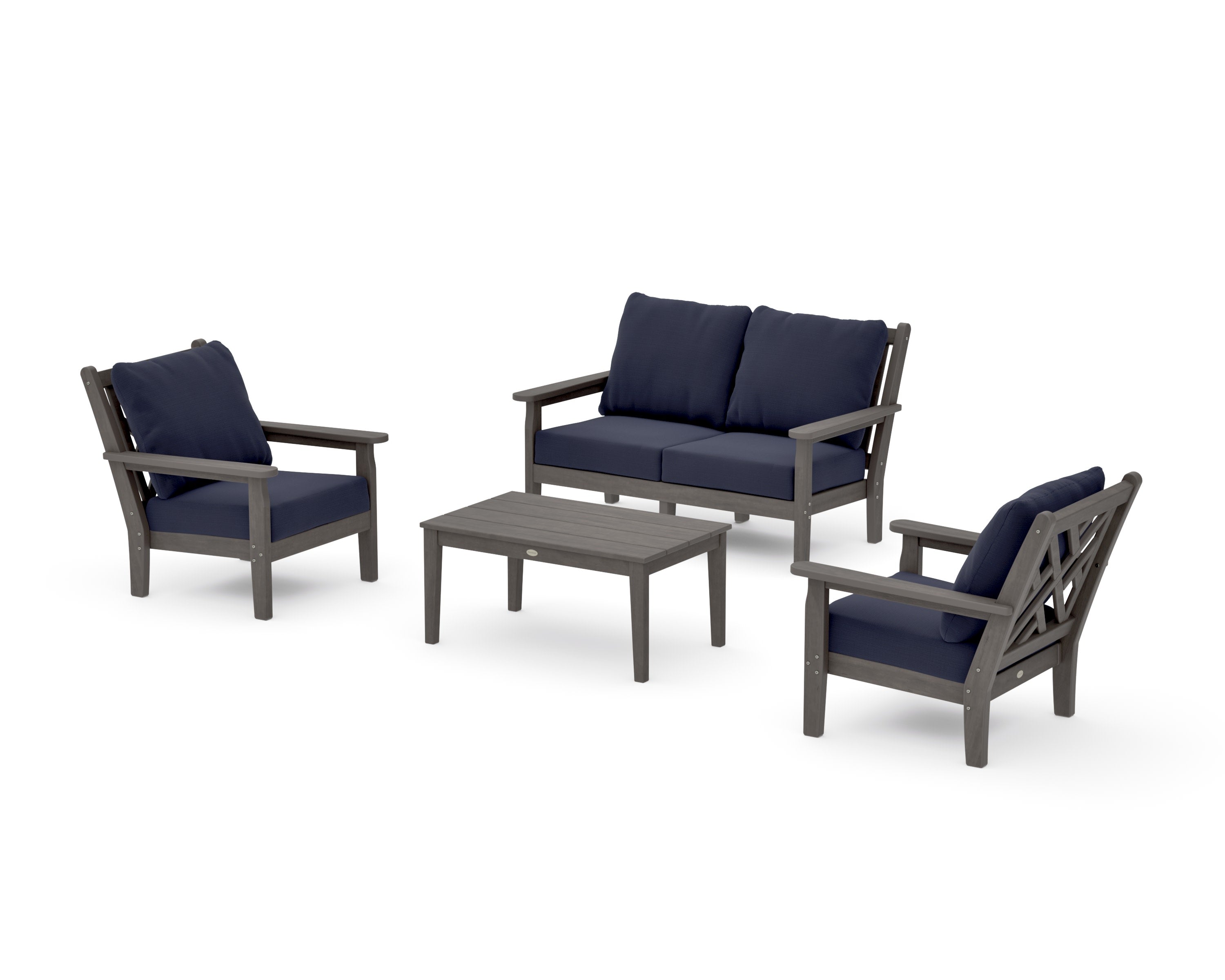 Chippendale 4-Piece Deep Seating Set with Loveseat in Driftwood / Navy Linen