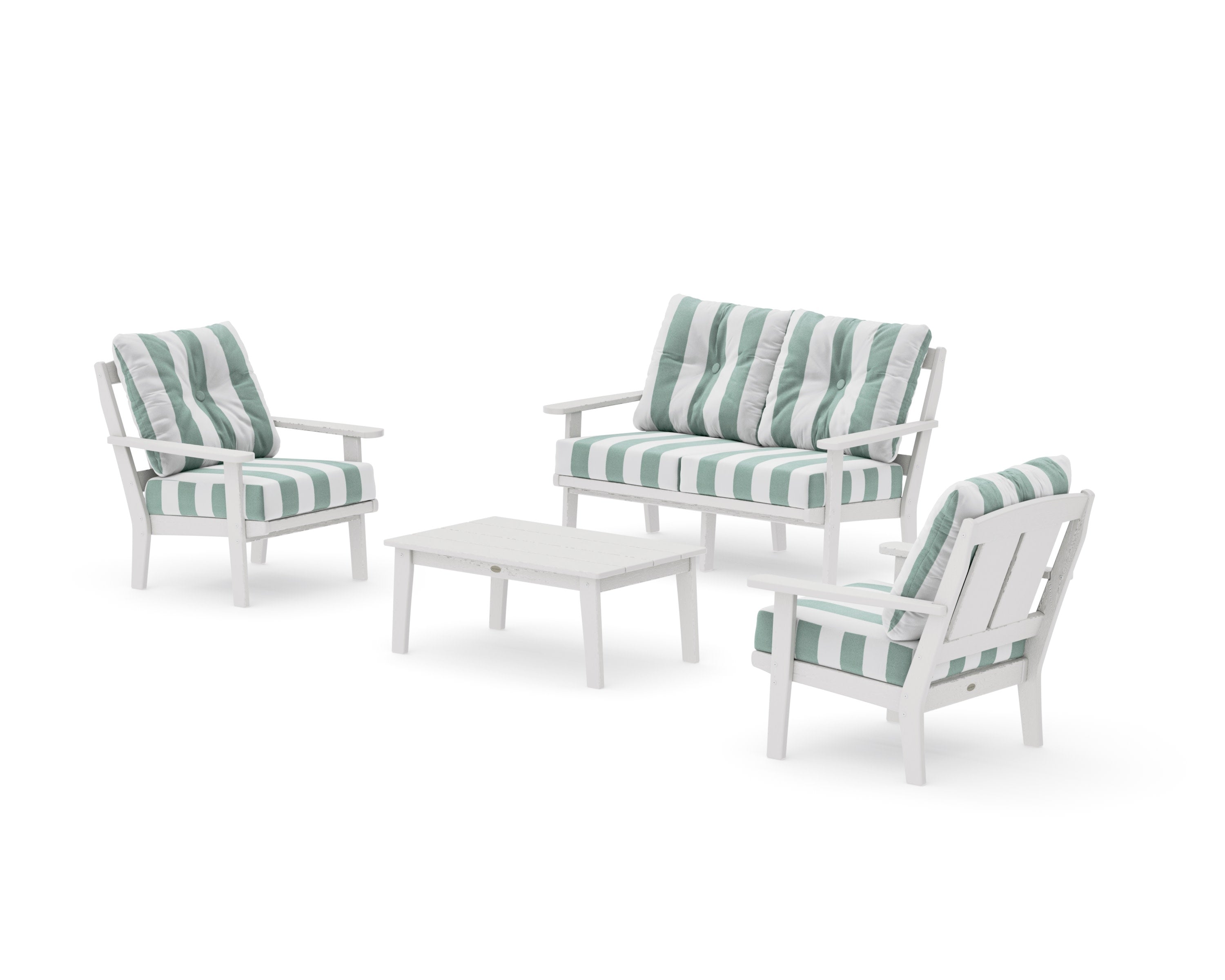Mission 4-Piece Deep Seating Set with Loveseat in Vintage White / Cabana Stripe Glacier Spa