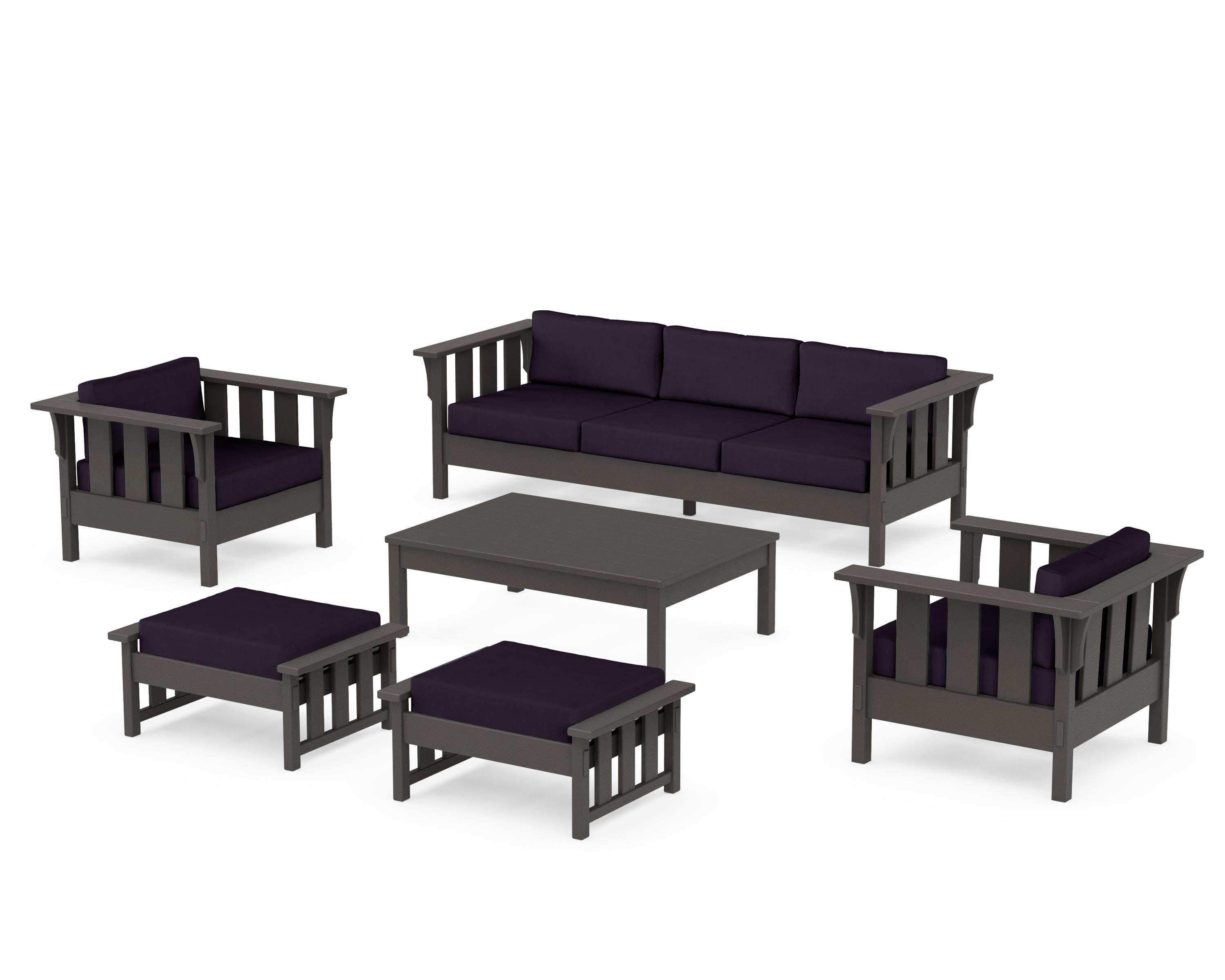Acadia 6-Piece Lounge Sofa Set in Vintage Coffee / Navy Linen