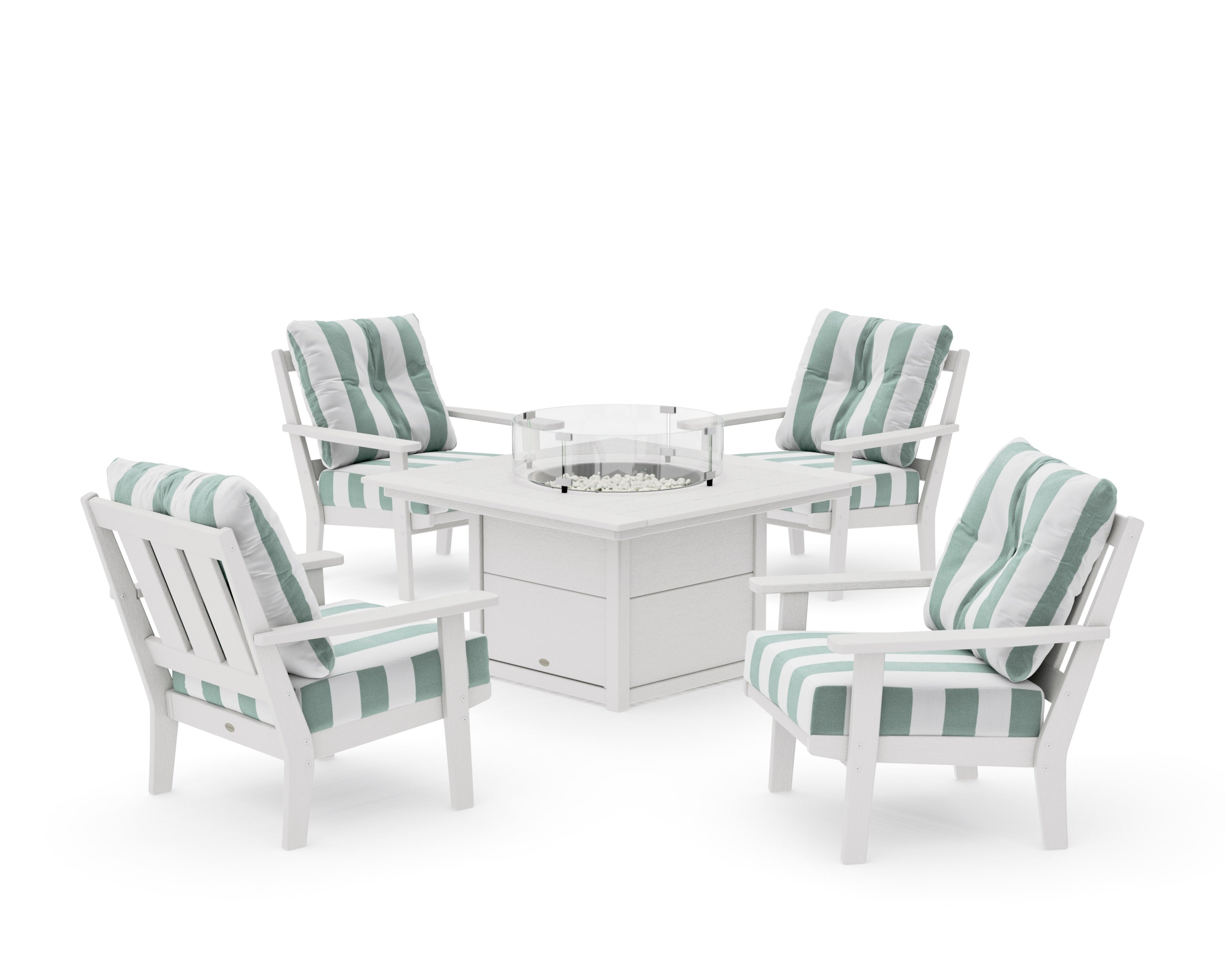 Oxford 5-Piece Deep Seating Set with Fire Pit Table in Vintage White / Cabana Stripe Glacier Spa