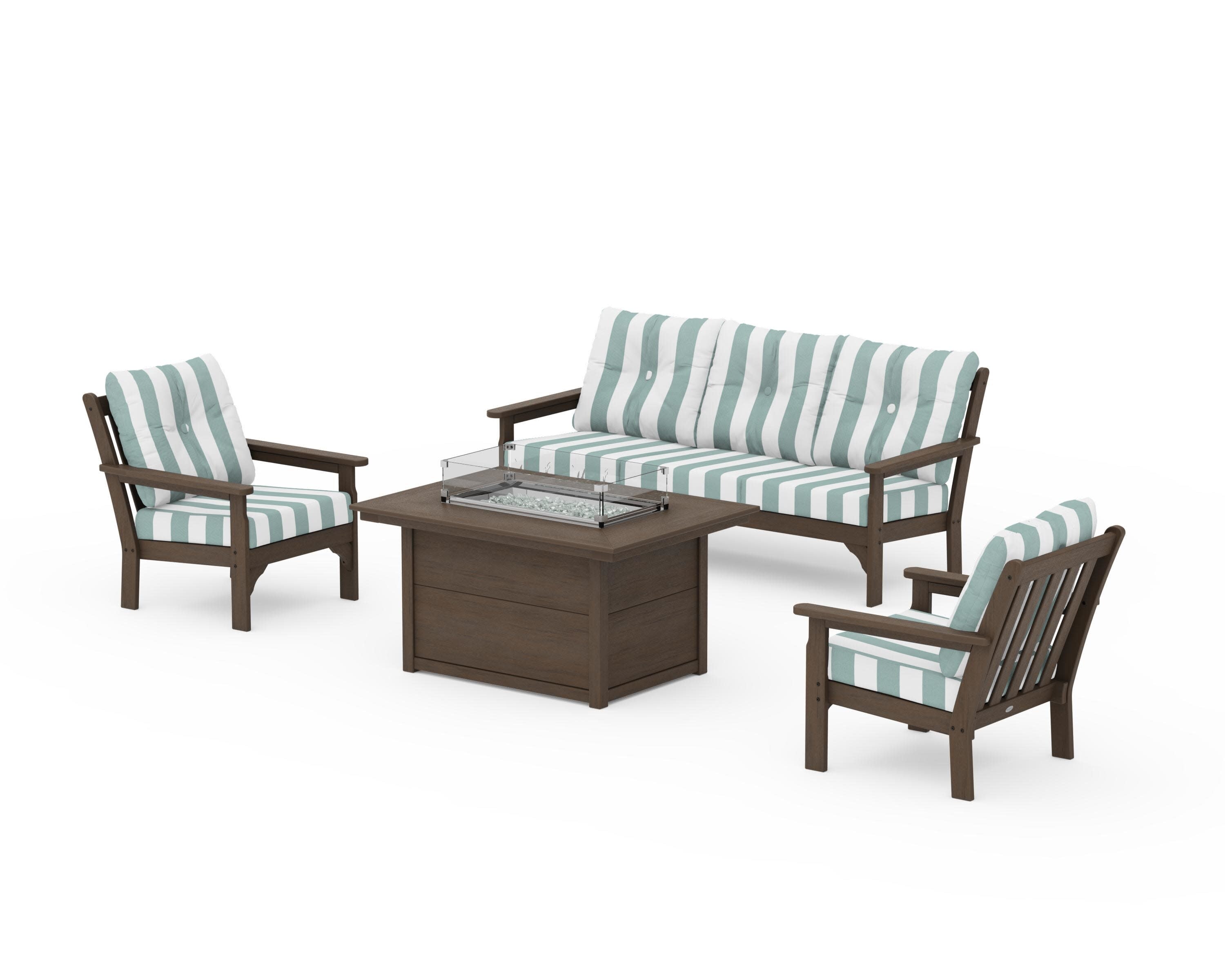 Vineyard Deep Seating Fire Pit Table Set in Kona / Cabana Stripe Glacier Spa