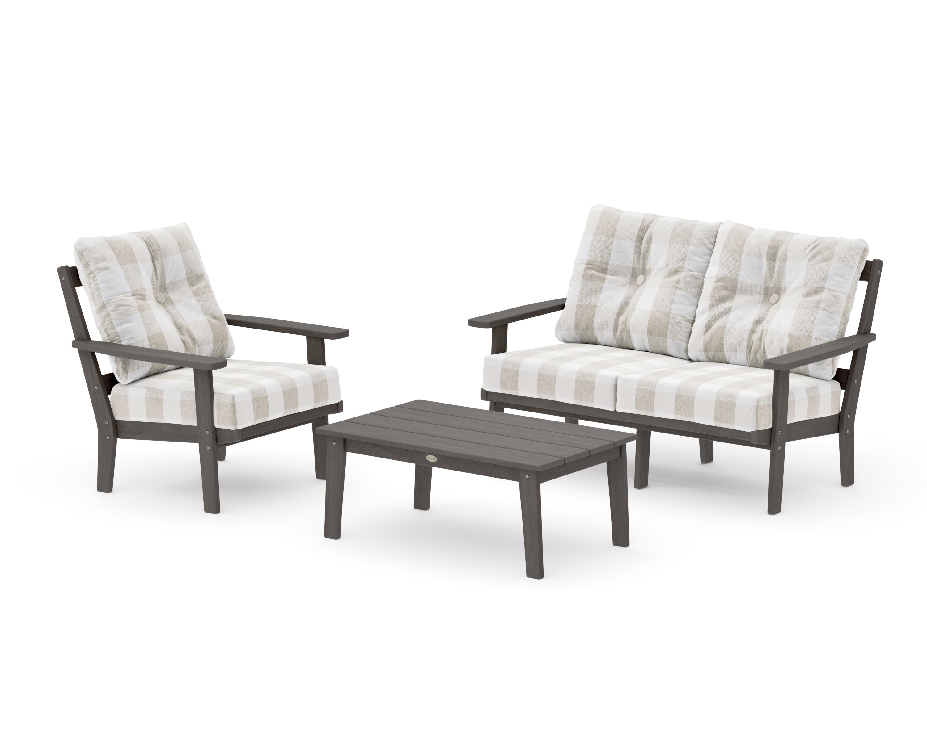 Oxford 3-Piece Deep Seating Set with Loveseat in Driftwood / Buffalo Plaid Dune Burlap