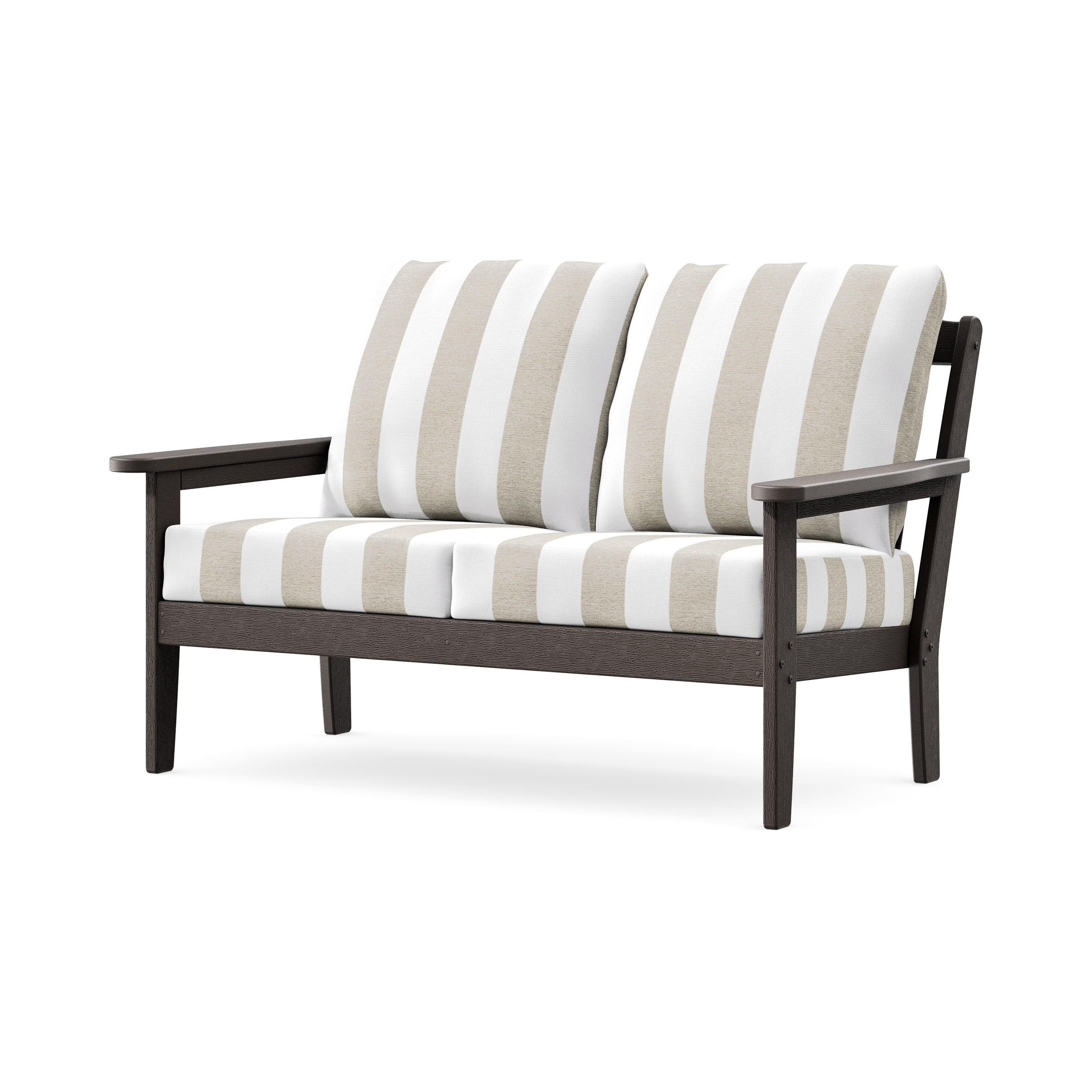 Cottage Deep Seating Loveseat in Vintage Coffee / Cabana Stripe Dune Burlap