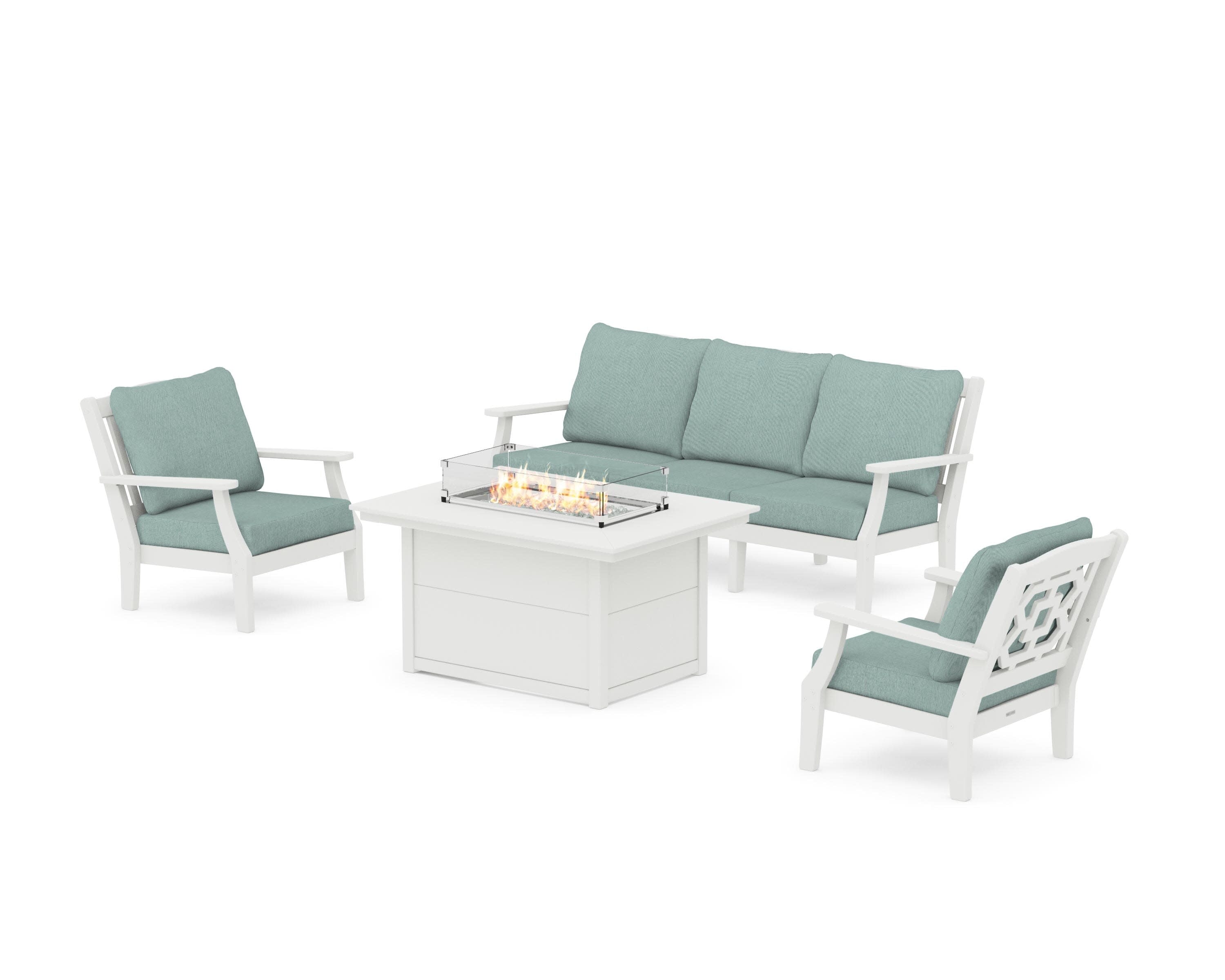 Chinoiserie Deep Seating Fire Pit Table Set in Vintage White / Glacier Spa