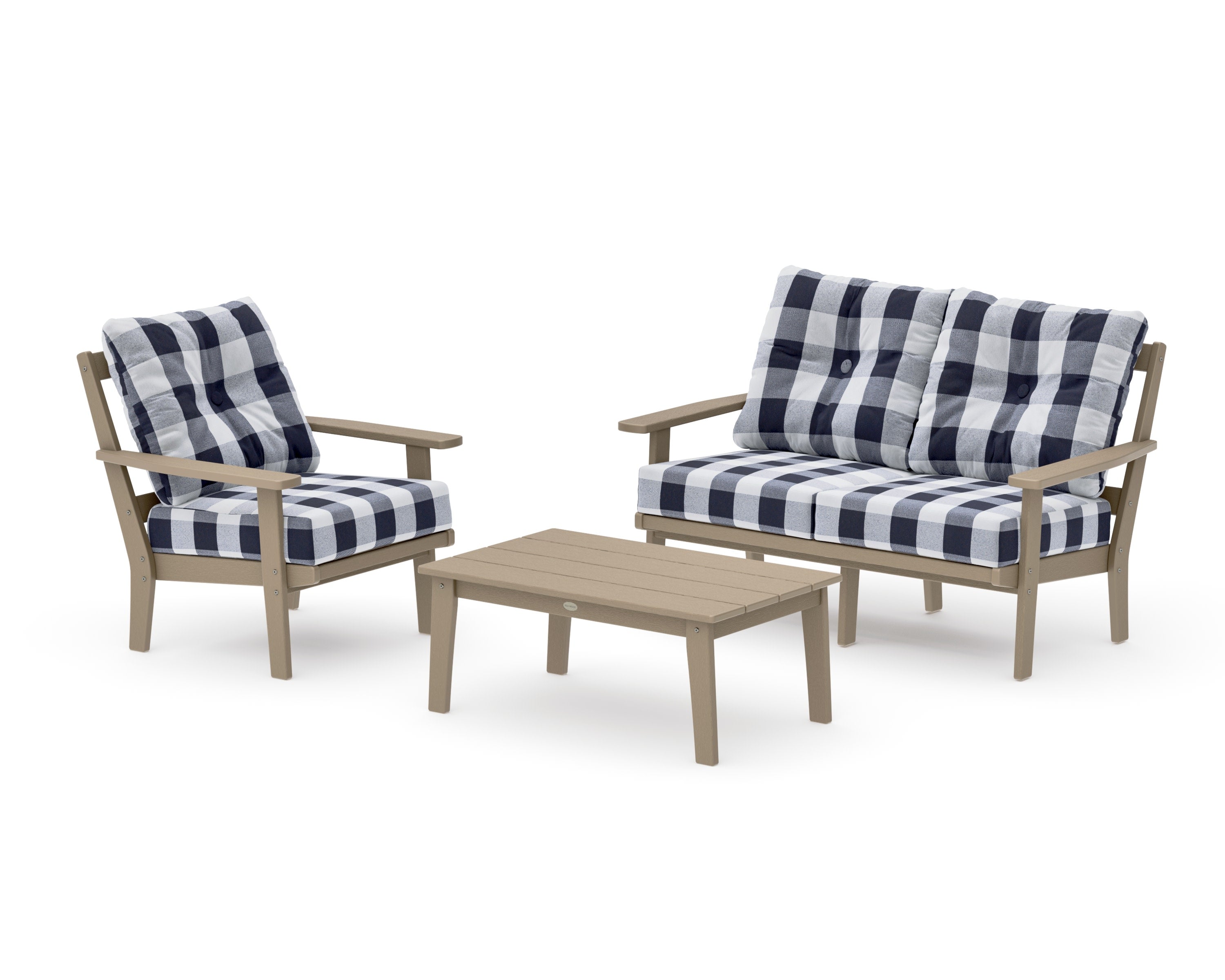 Prairie 3-Piece Deep Seating Set with Loveseat in Vintage Sahara / Buffalo Plaid Navy