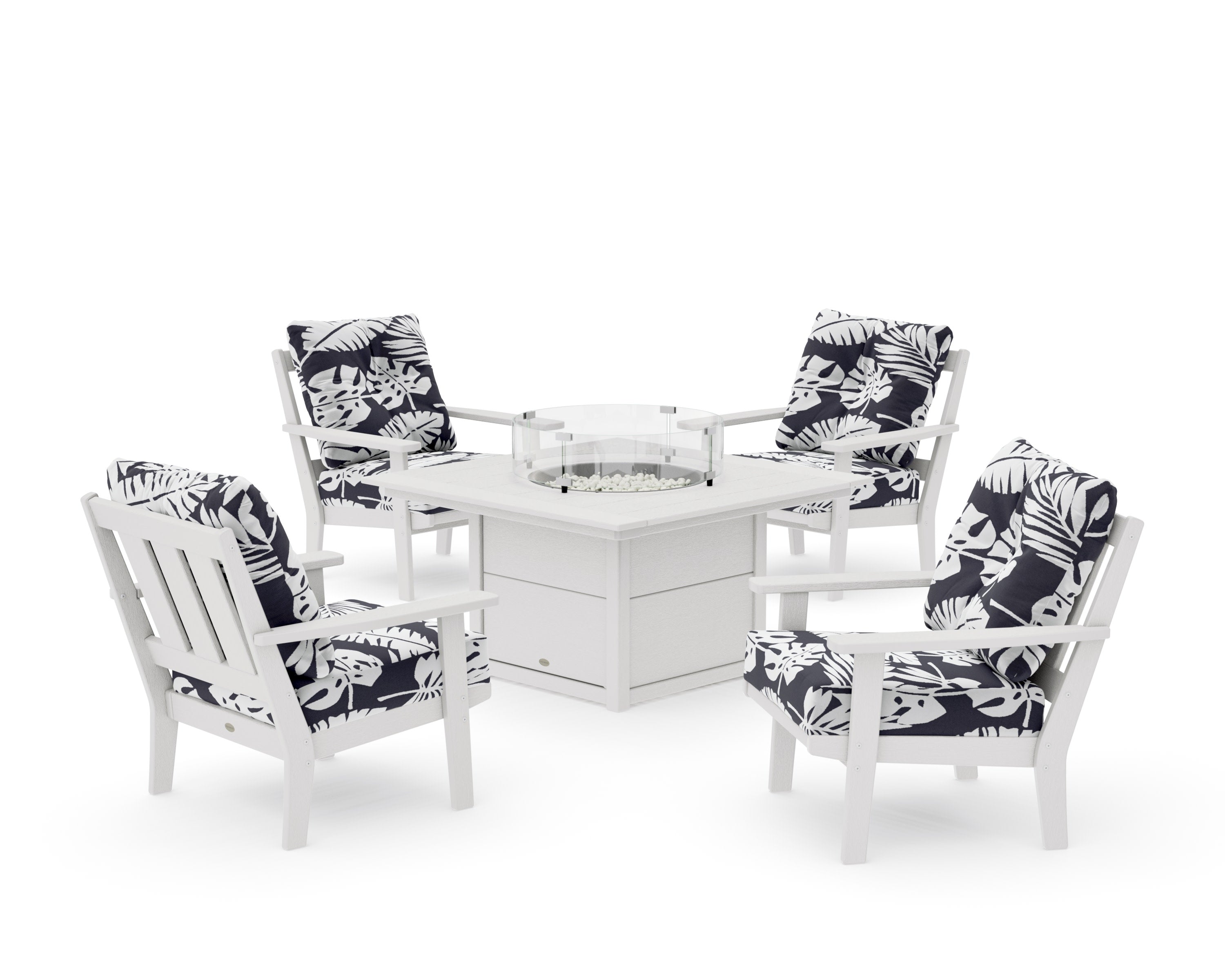 Oxford 5-Piece Deep Seating Set with Fire Pit Table in Vintage White / Leaf Navy