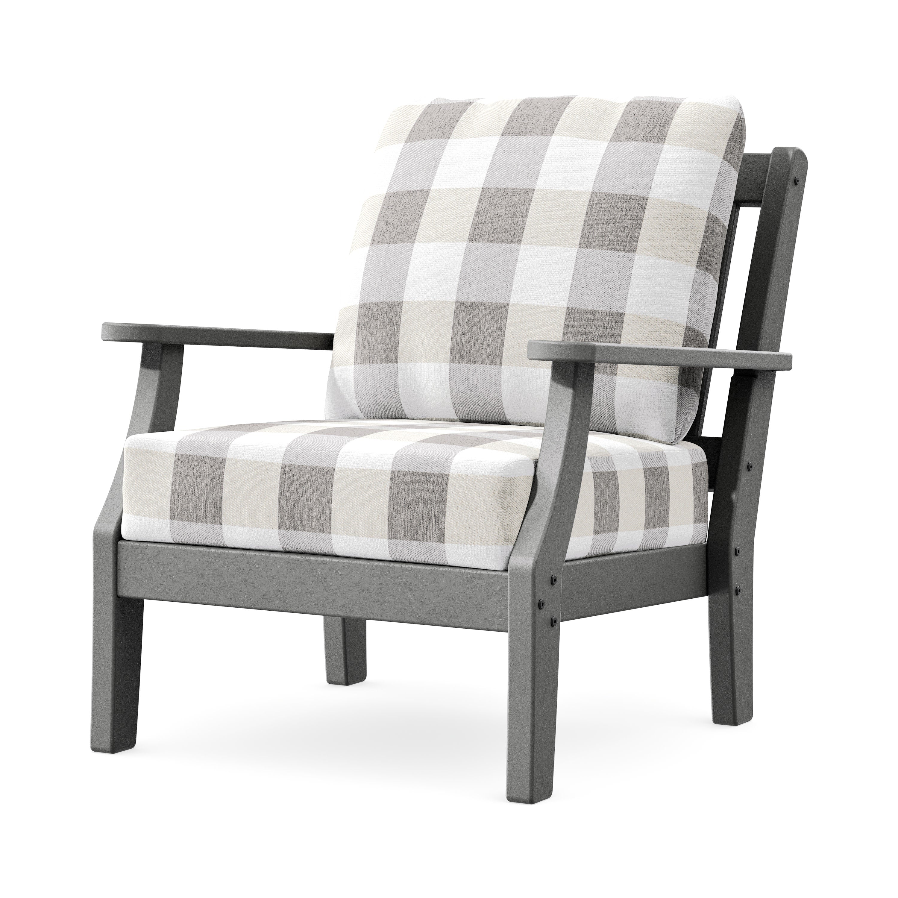 Chinoiserie Deep Seating Chair in Slate Grey / Buffalo Plaid Grey Mist