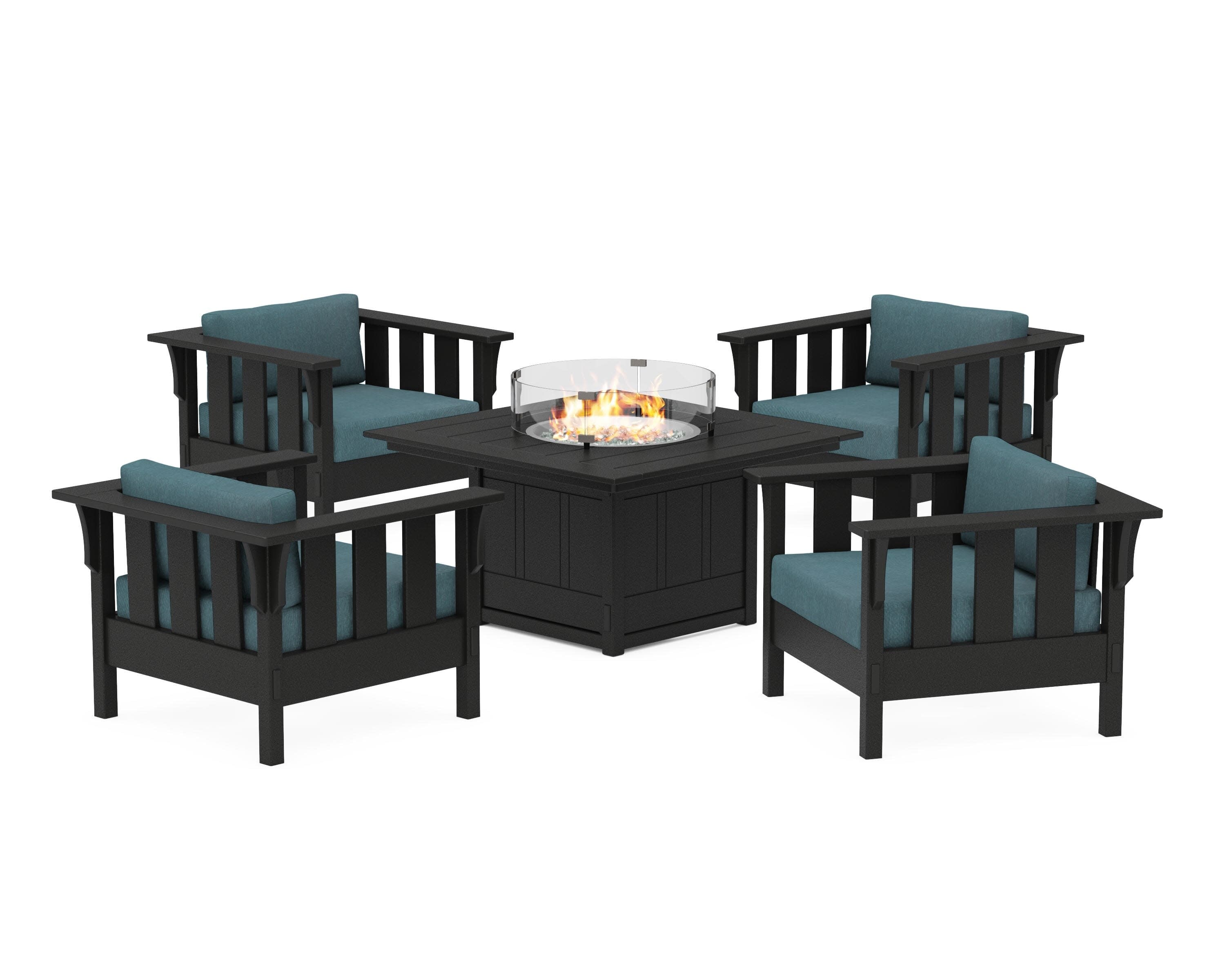 Acadia 5-Piece Deep Seating Set with Fire Pit Table in Black / Ocean Teal