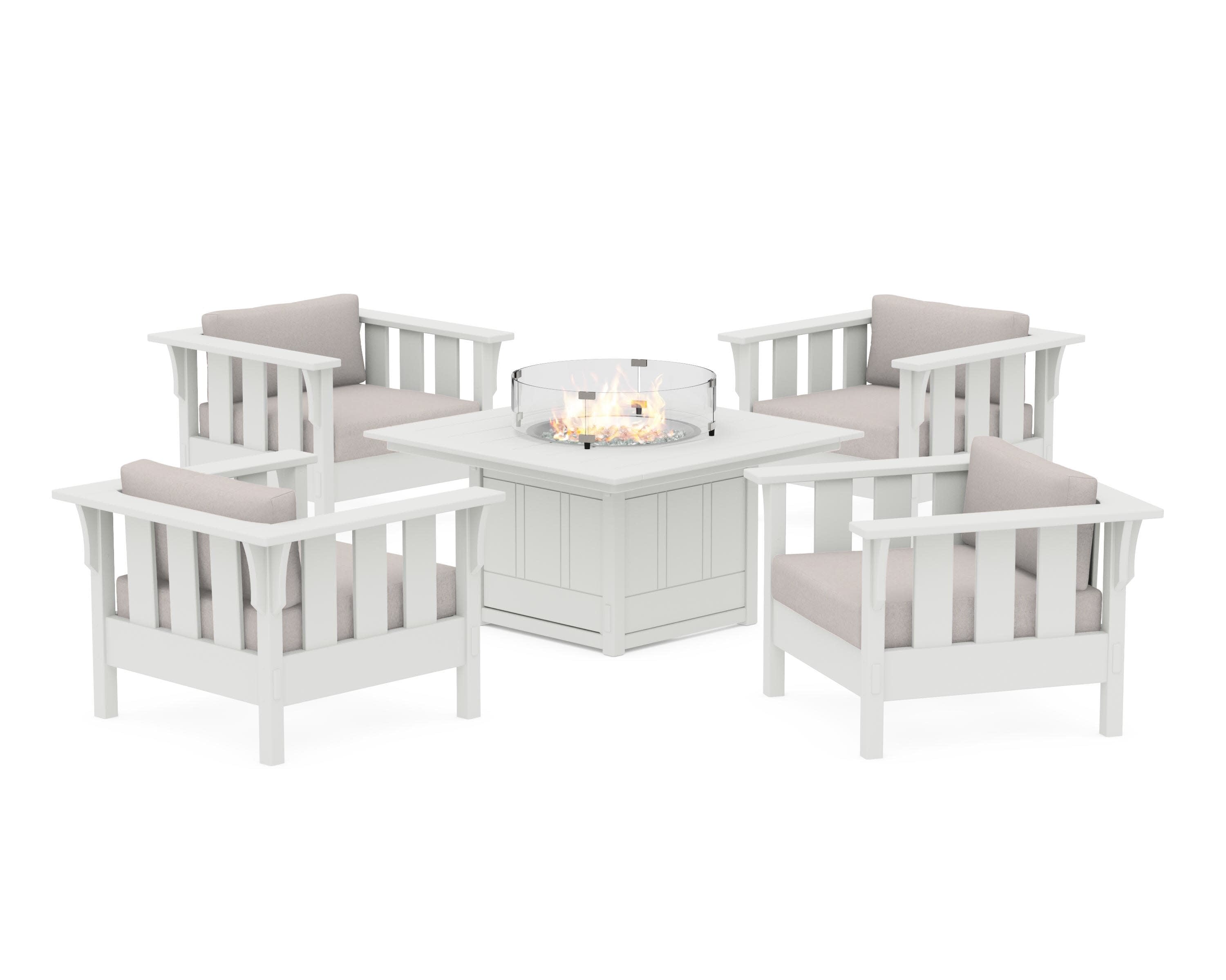 Acadia 5-Piece Deep Seating Set with Fire Pit Table in White / Dune Burlap