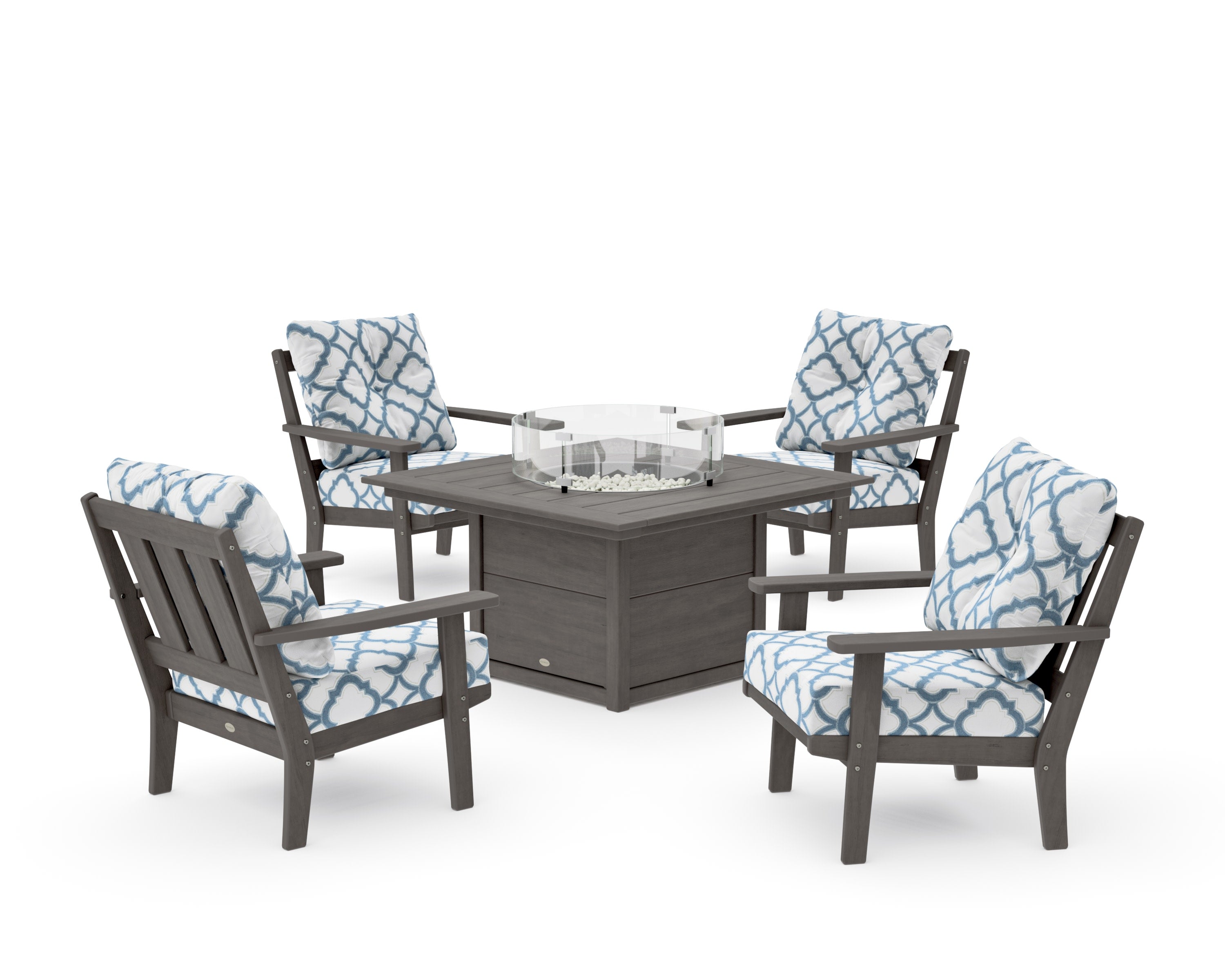 Oxford 5-Piece Deep Seating Set with Fire Pit Table in Driftwood / Trellis Sky Blue
