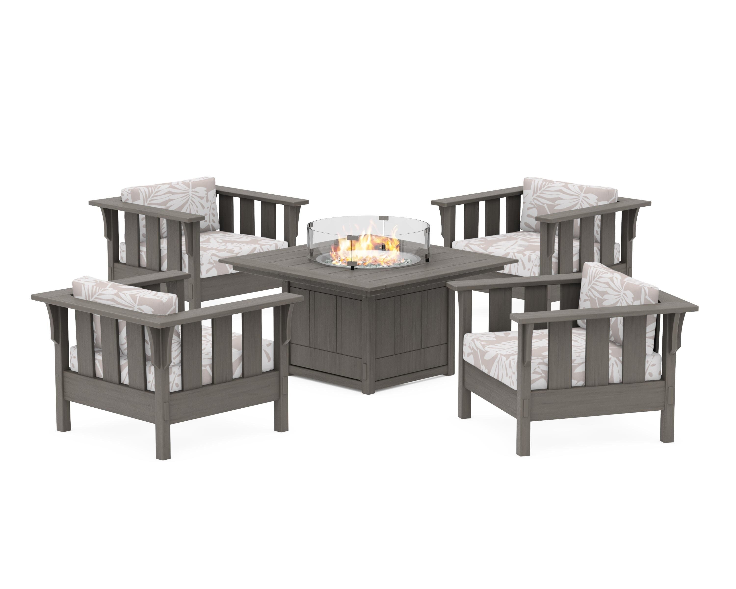 Acadia 5-Piece Deep Seating Set with Fire Pit Table in Driftwood / Leaf Dune Burlap