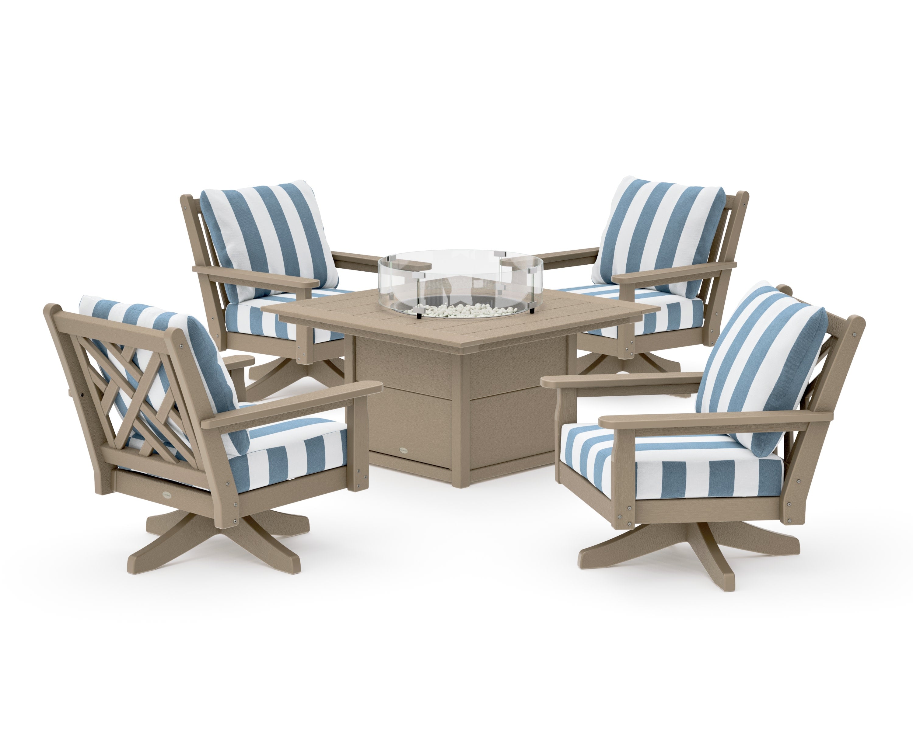 Chippendale 5-Piece Deep Seating Swivel Conversation Set with Fire Pit Table in Vintage Sahara / Cabana Stripe Sky Blue