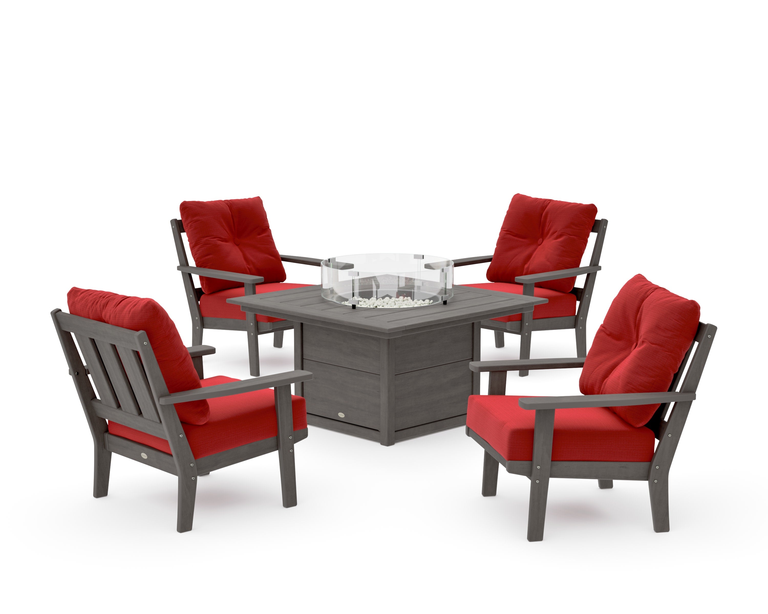 Oxford 5-Piece Deep Seating Set with Fire Pit Table in Driftwood / Crimson Linen