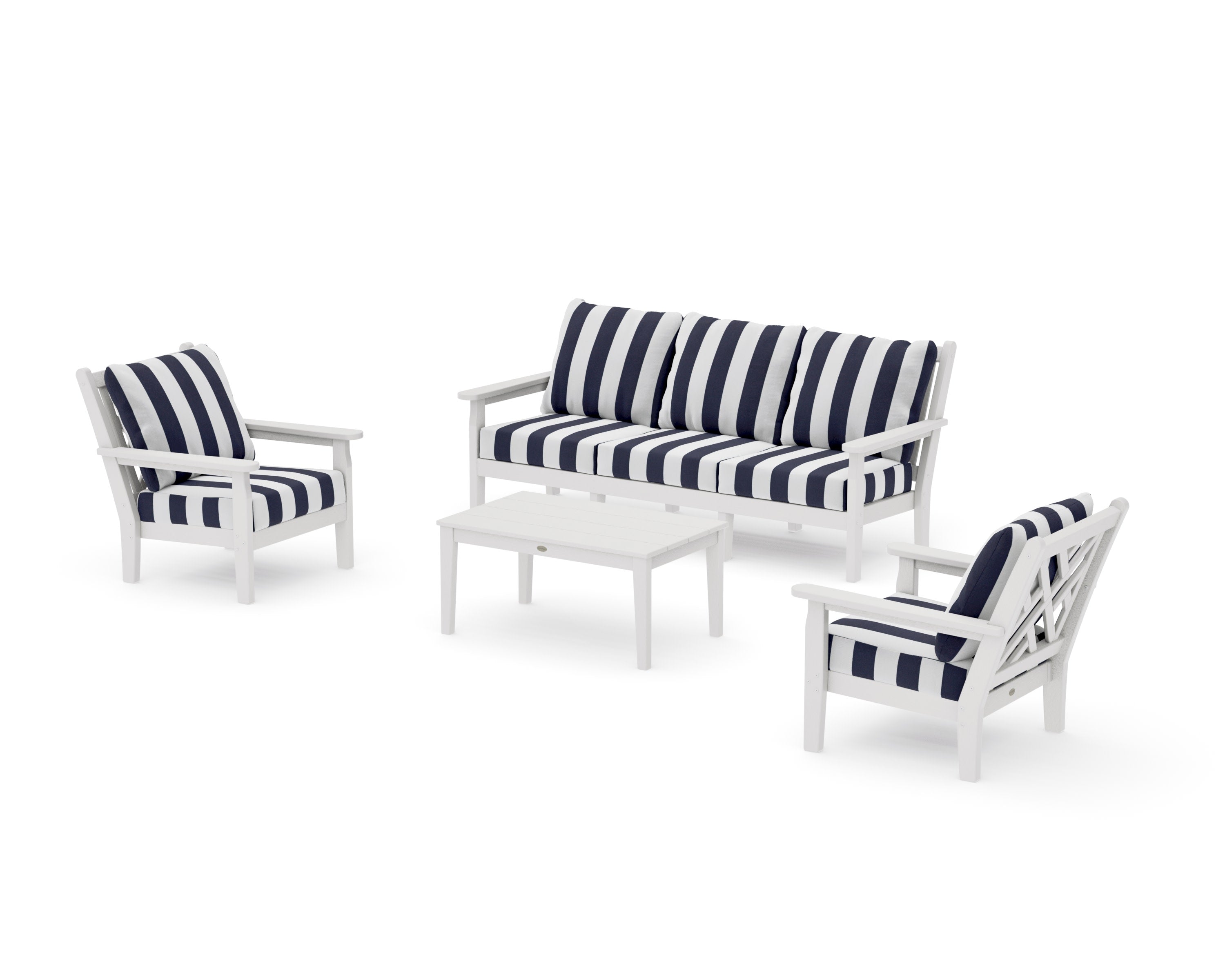 Chippendale 4-Piece Deep Seating Set with Sofa in Vintage White / Cabana Stripe Navy