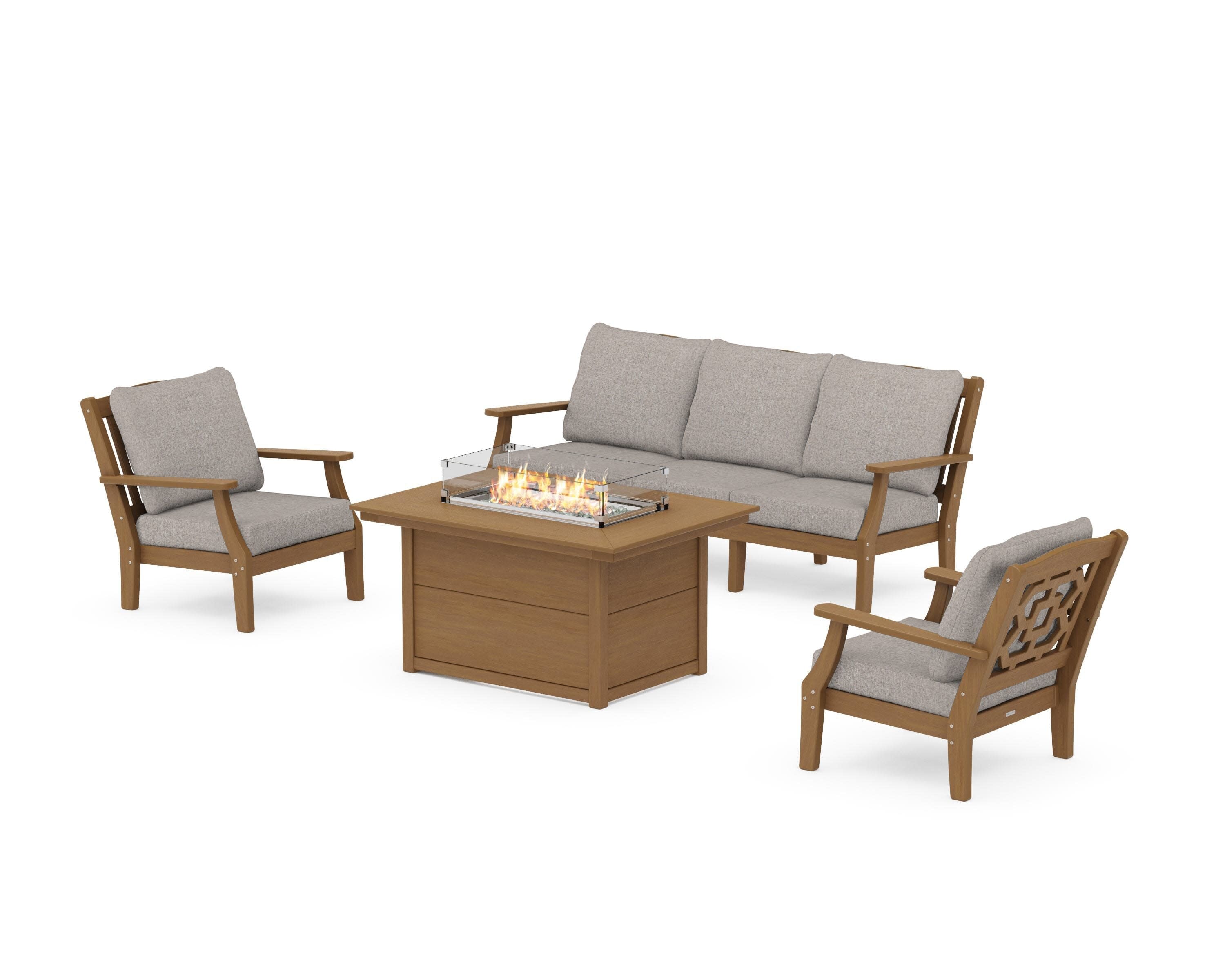Chinoiserie Deep Seating Fire Pit Table Set in Natural / Weathered Tweed