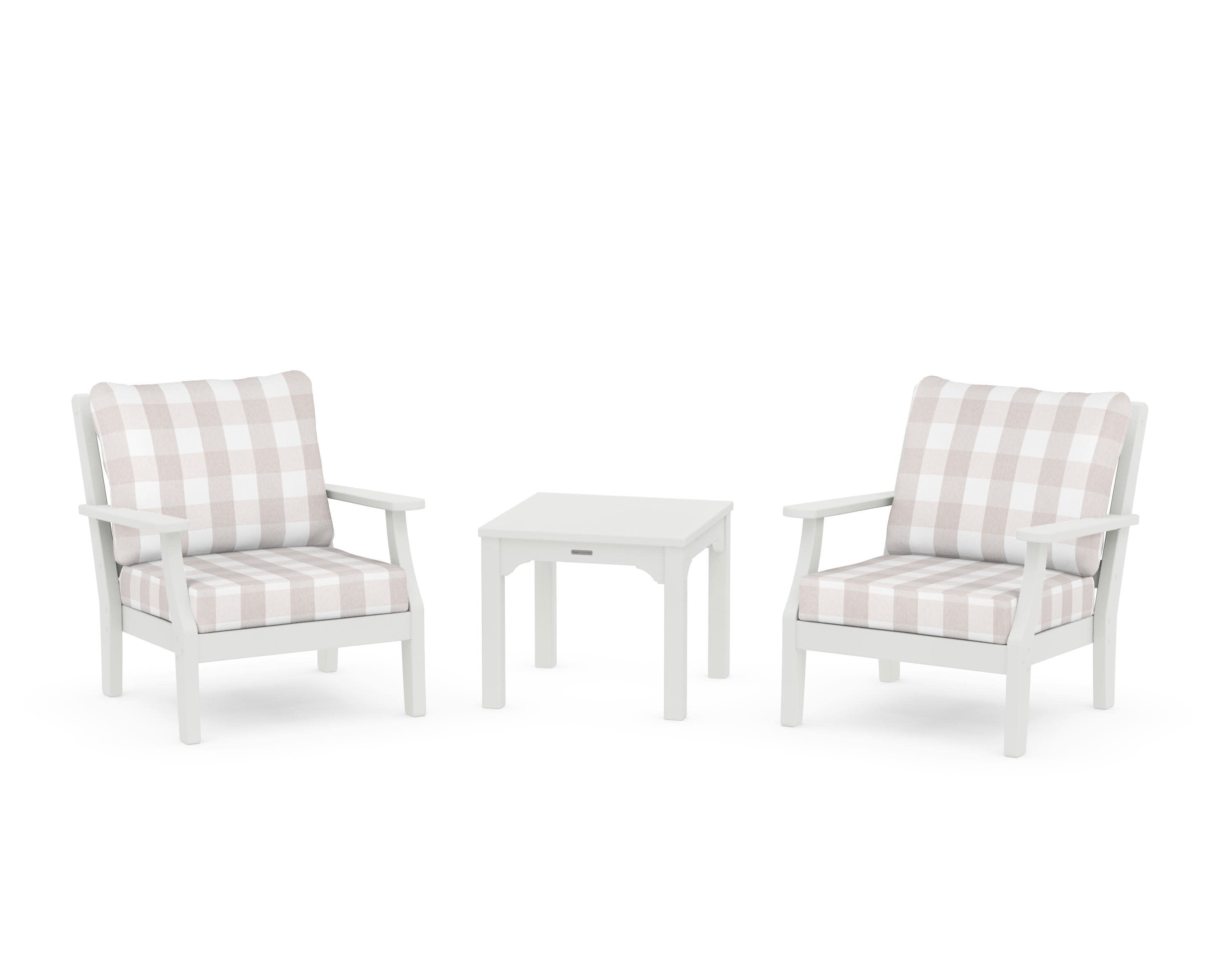 Chinoiserie 3-Piece Deep Seating Set in Vintage White / Buffalo Plaid Dune Burlap