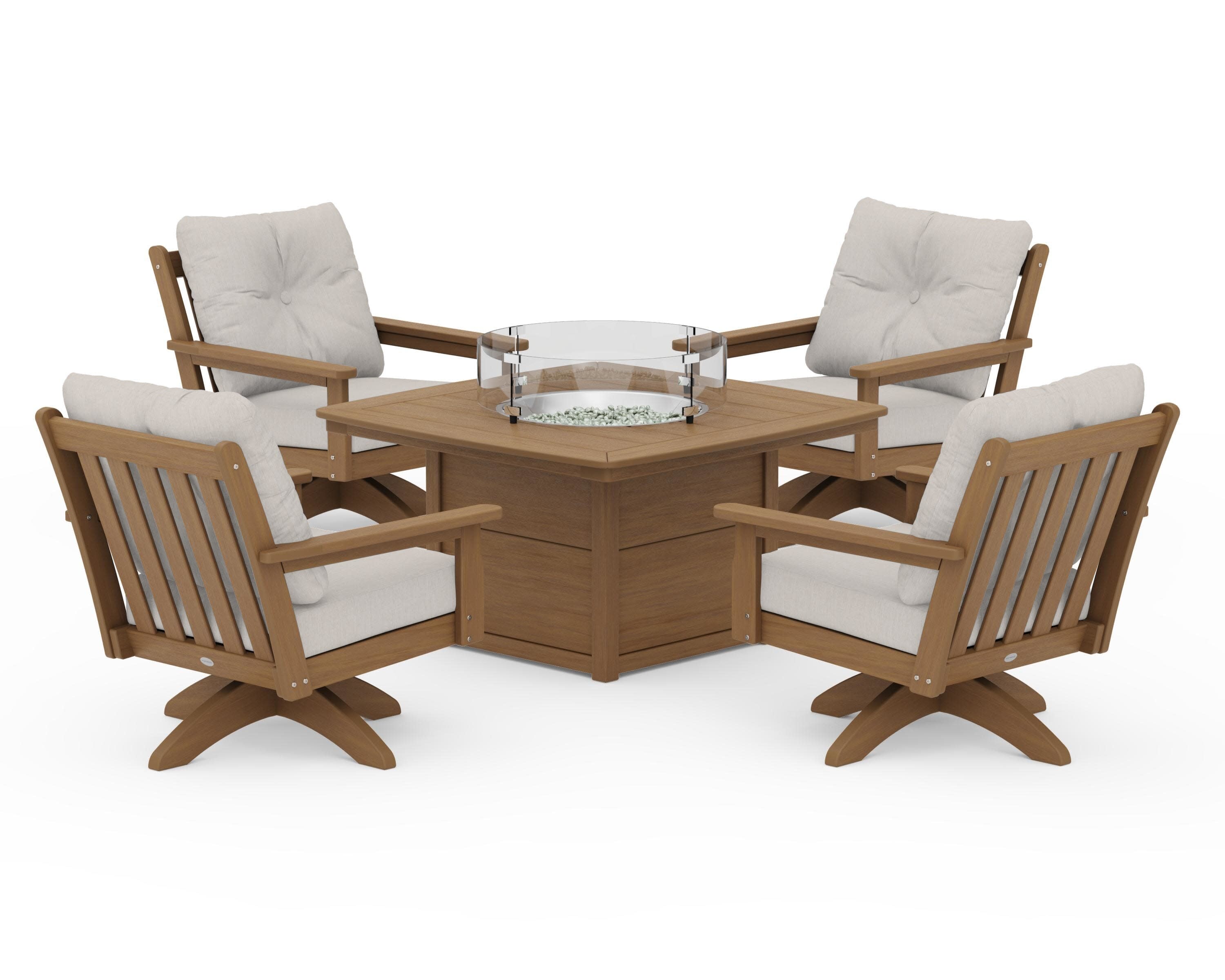 Vineyard 5-Piece Deep Seating Swivel Conversation Set with Fire Pit Table in Natural / Cast Ash
