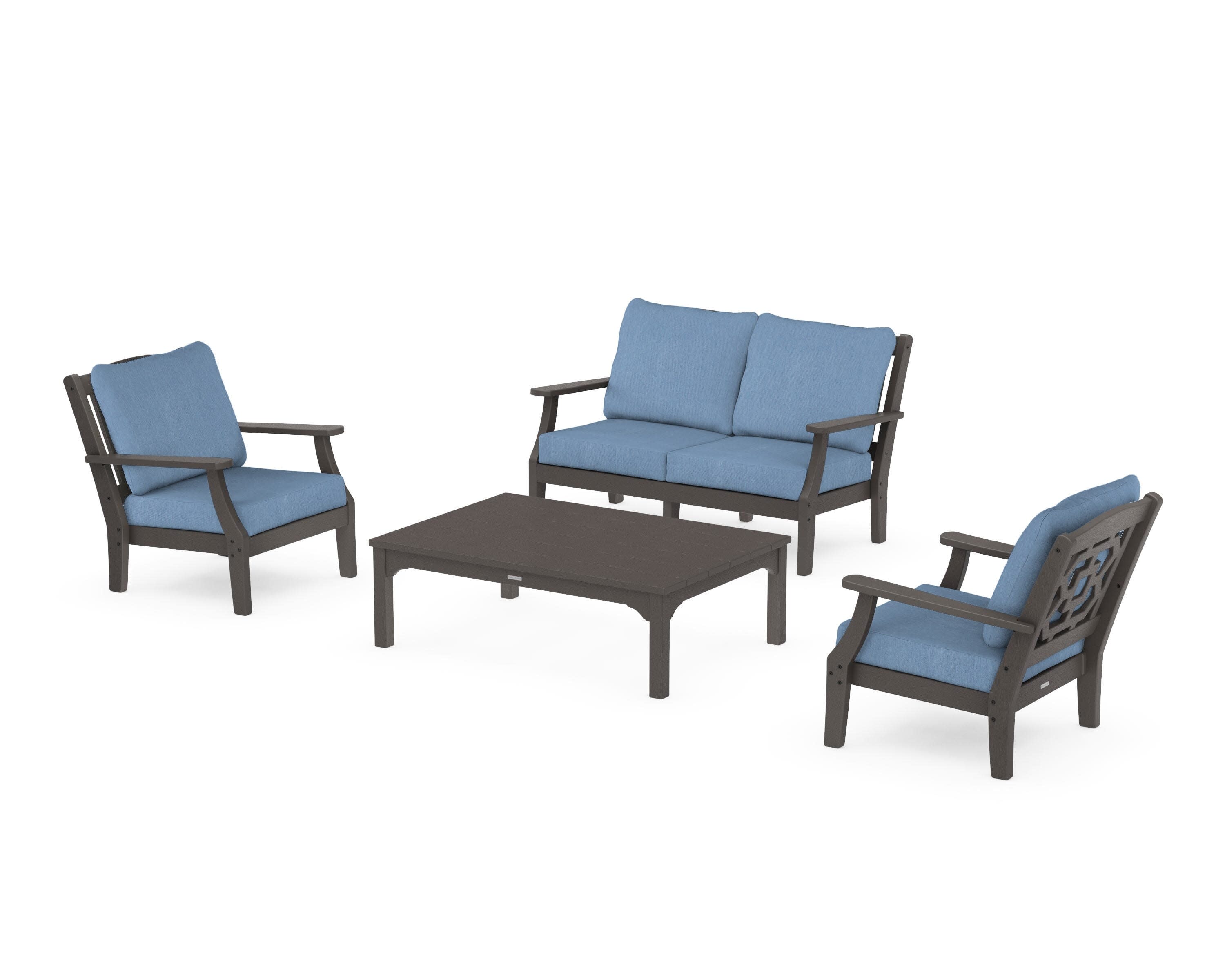 Chinoiserie 4-Piece Deep Seating Set with Loveseat in Vintage Coffee / Sky Blue