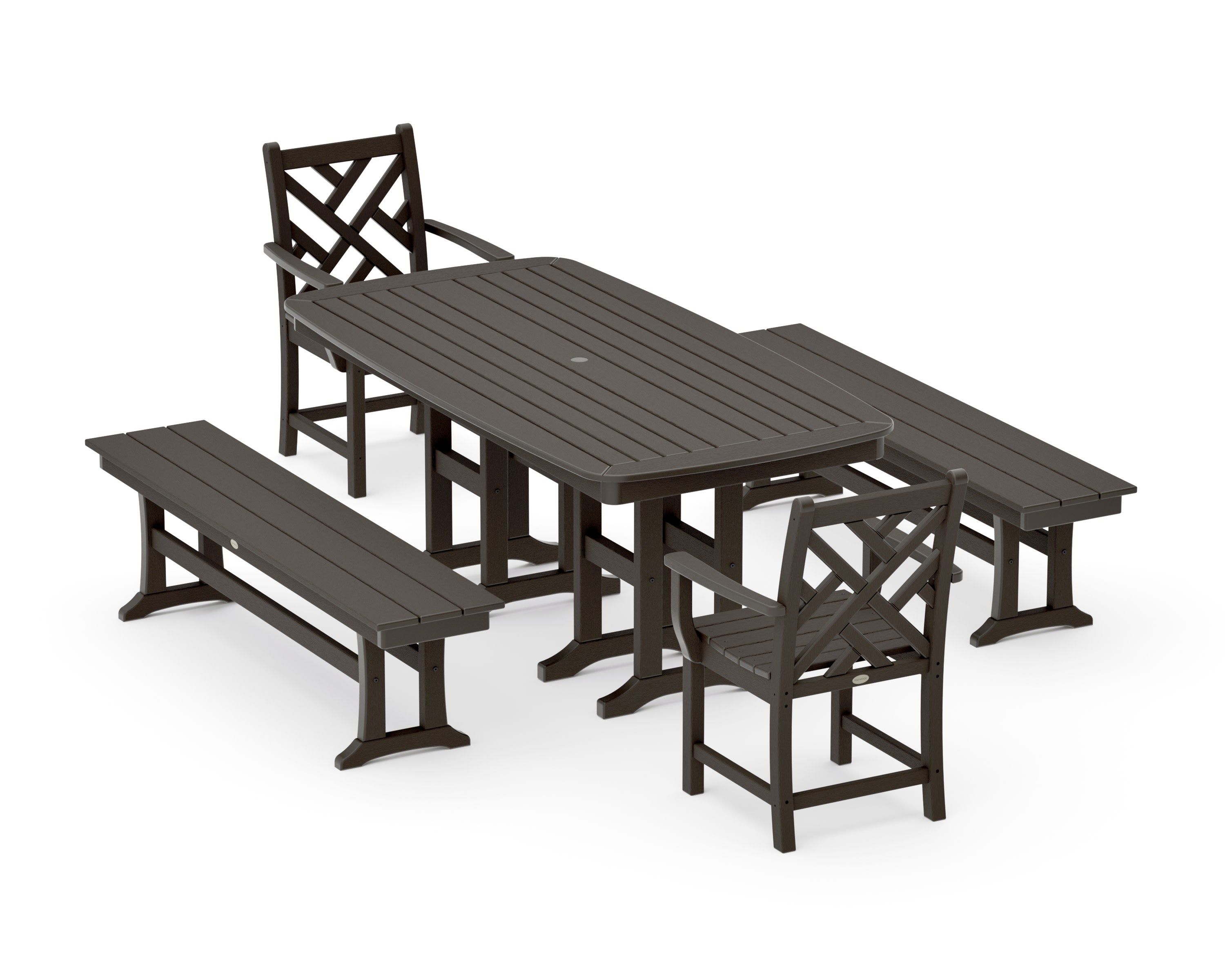 Chippendale 5-Piece Dining Set with Benches in Vintage Coffee