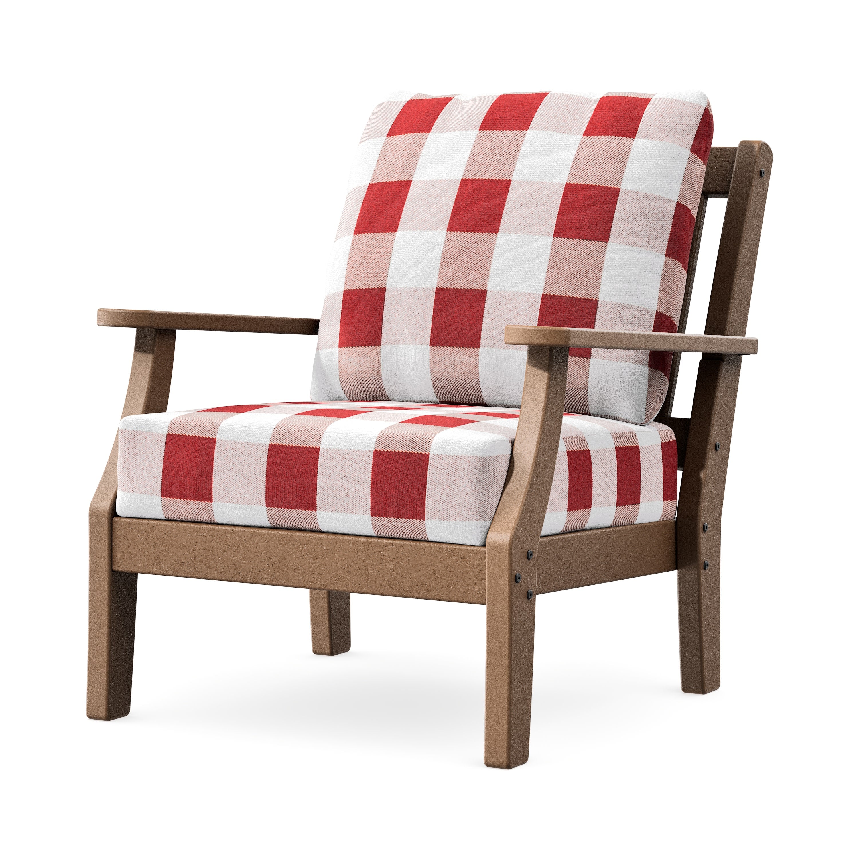 Chinoiserie Deep Seating Chair in Teak / Buffalo Plaid Crimson