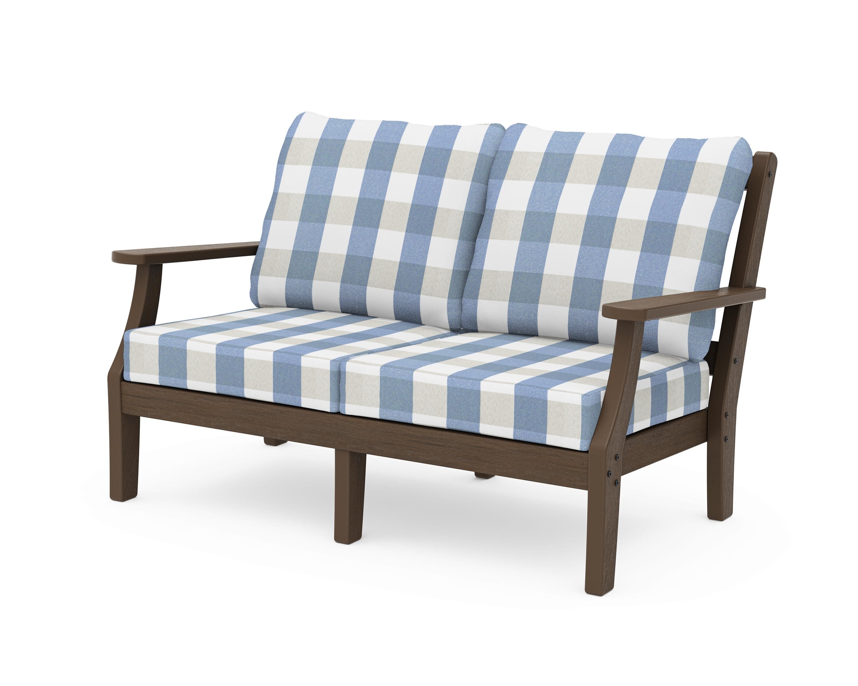 Chinoiserie Deep Seating Loveseat in Kona / Buffalo Plaid Sky Blue