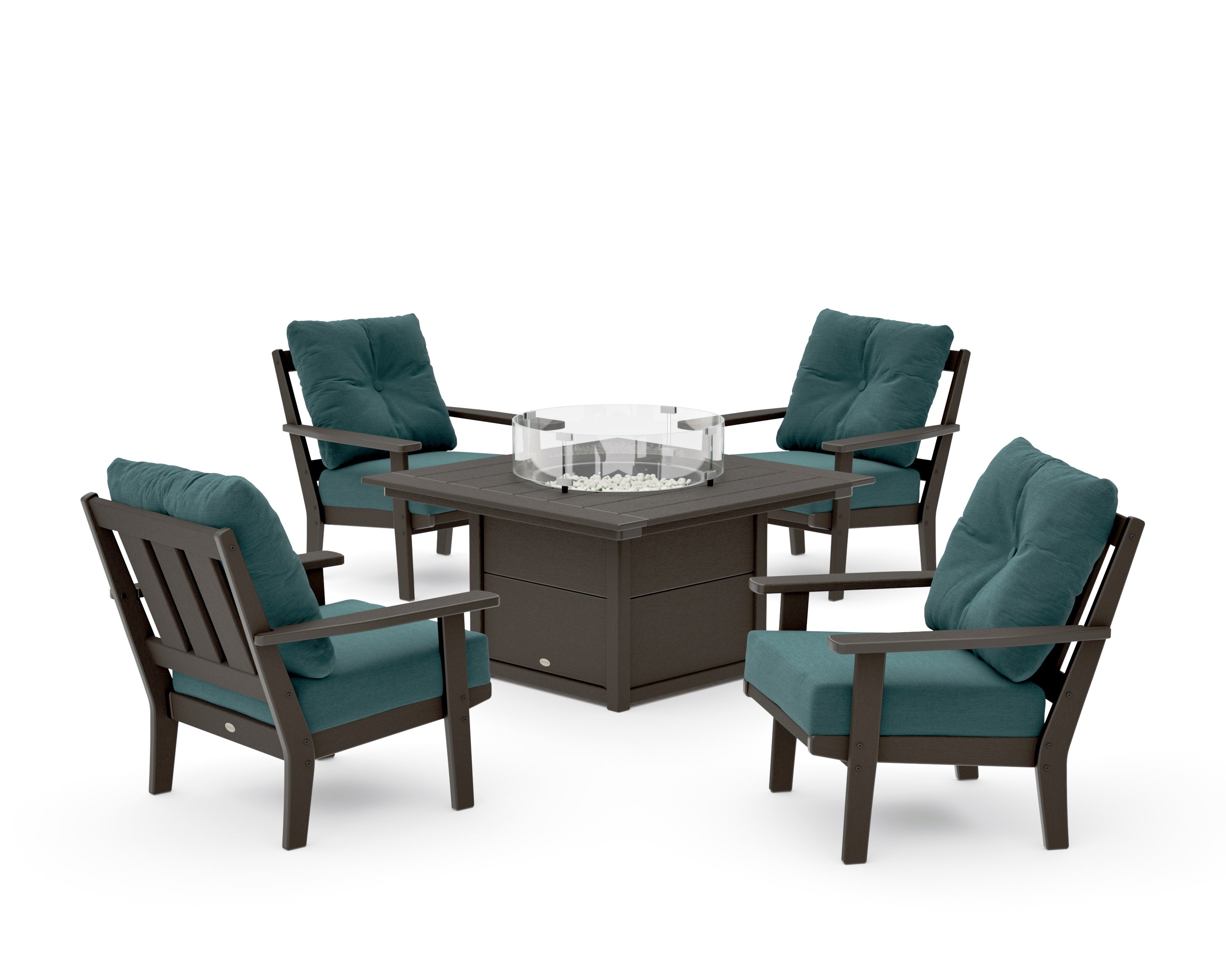 Oxford 5-Piece Deep Seating Set with Fire Pit Table in Vintage Coffee / Ocean Teal