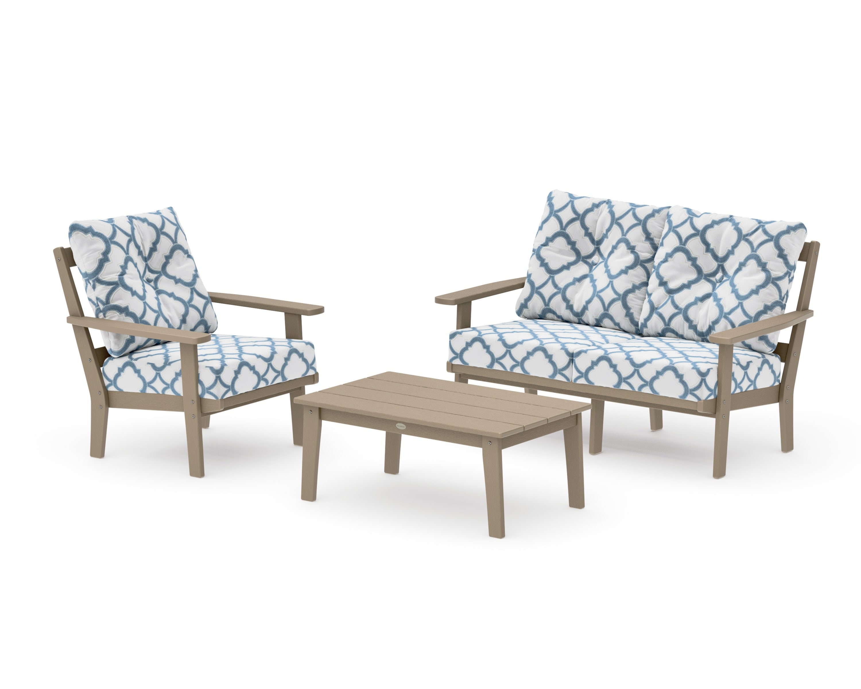 Oxford 3-Piece Deep Seating Set with Loveseat in Vintage Sahara / Trellis Sky Blue