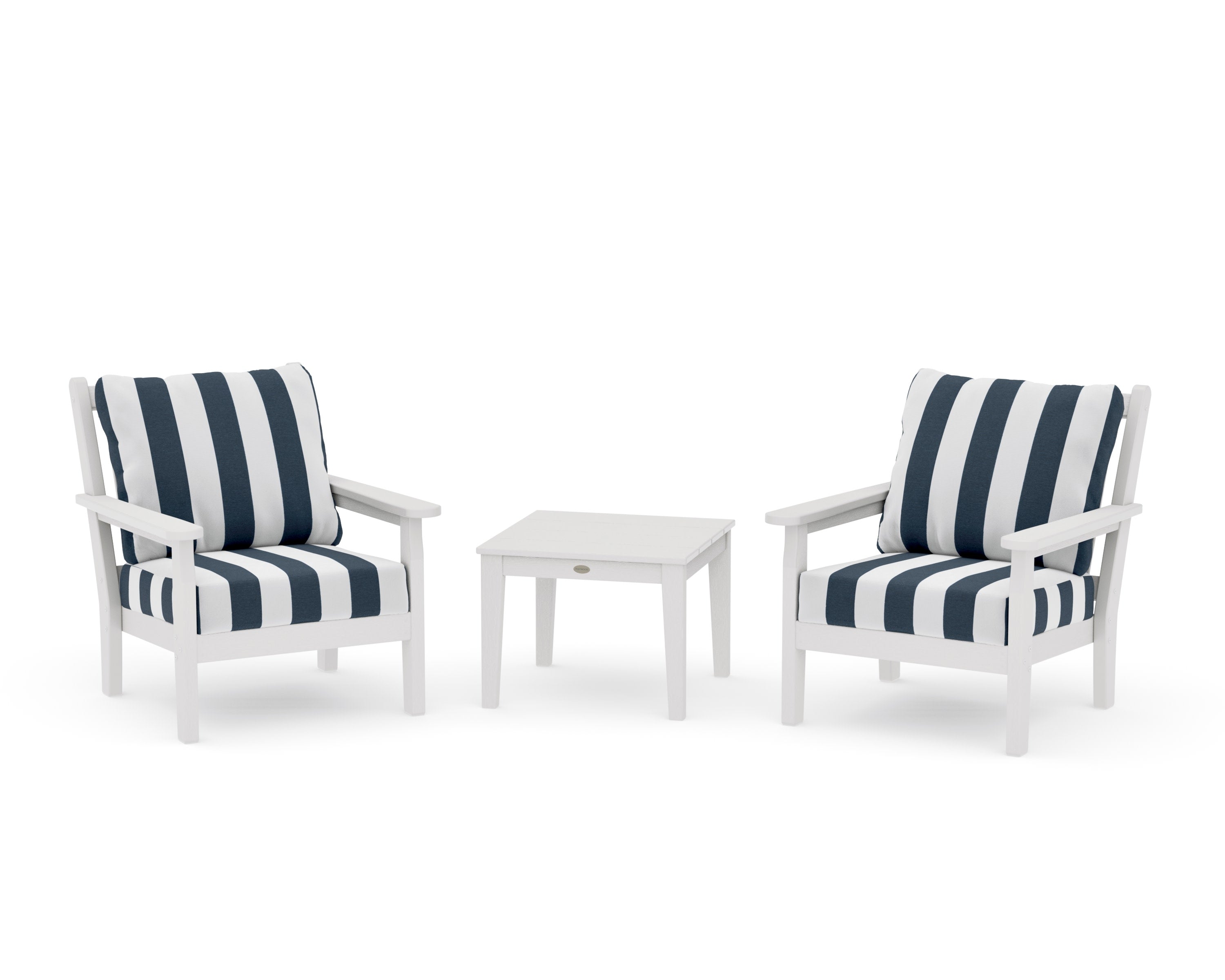 Chippendale 3-Piece Deep Seating Set in Vintage White / Cabana Stripe Marine Indigo