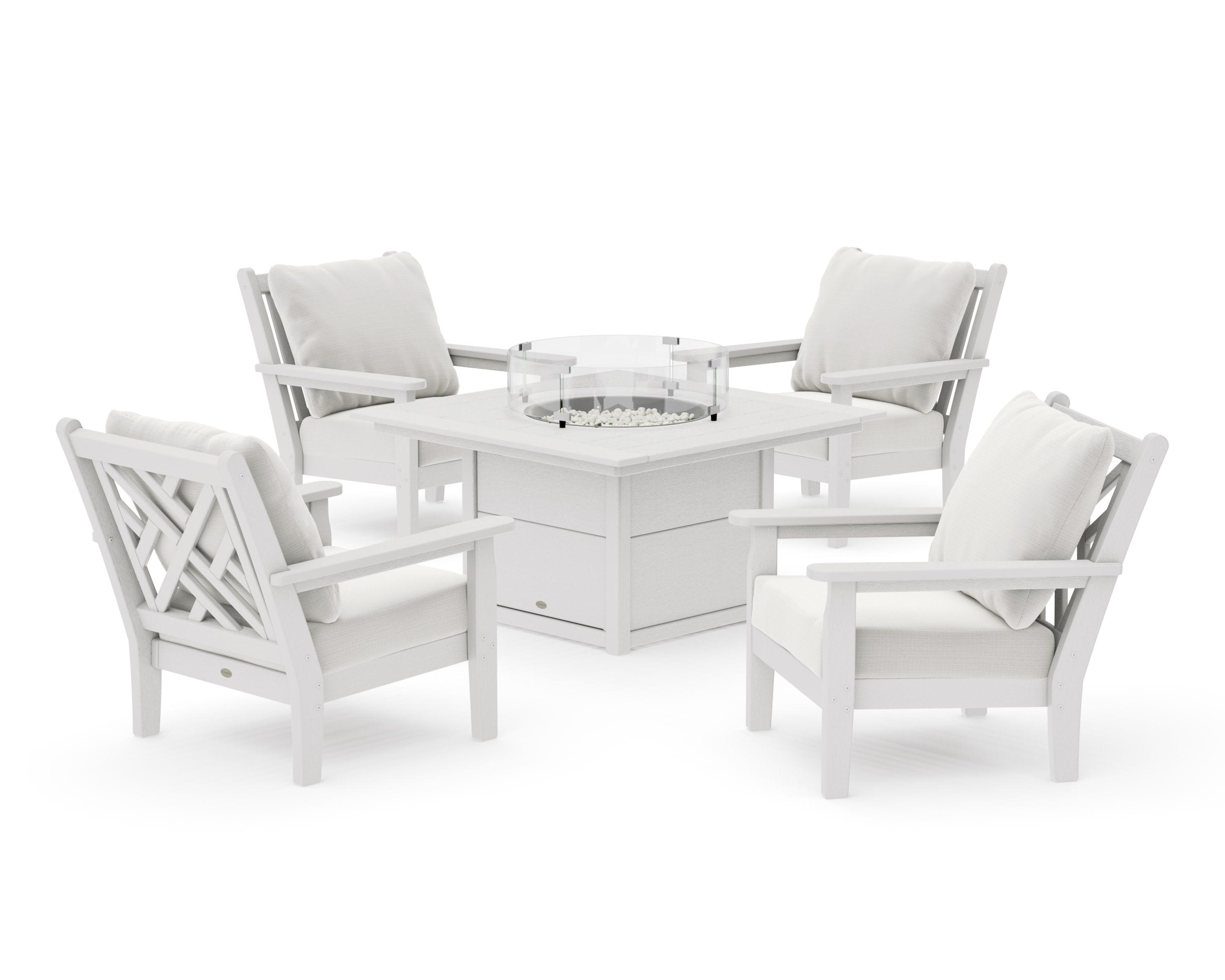Chippendale 5-Piece Deep Seating Set with Fire Pit Table in Vintage White / Natural Linen