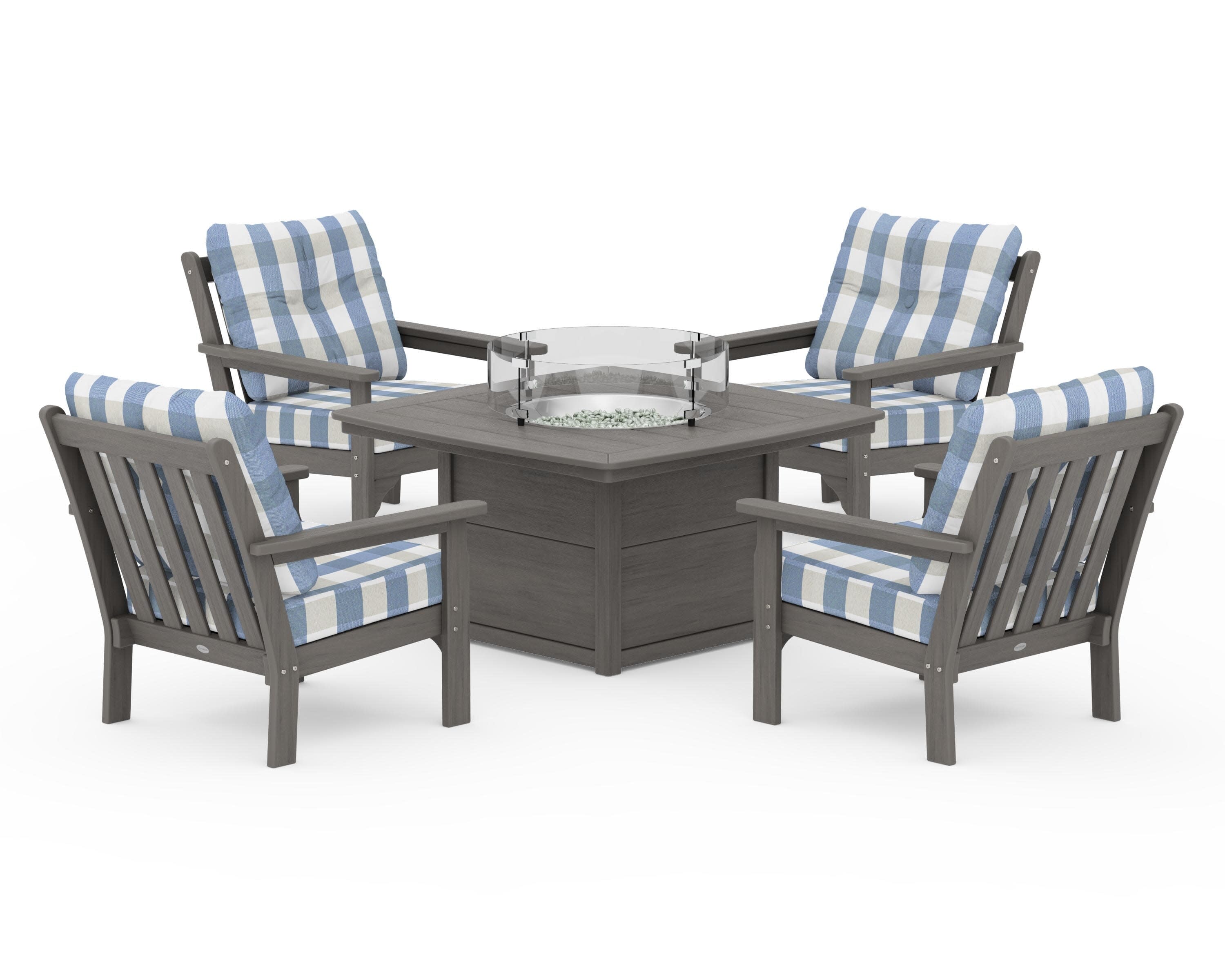Vineyard 5-Piece Conversation Set with Fire Pit Table in Driftwood / Buffalo Plaid Sky Blue
