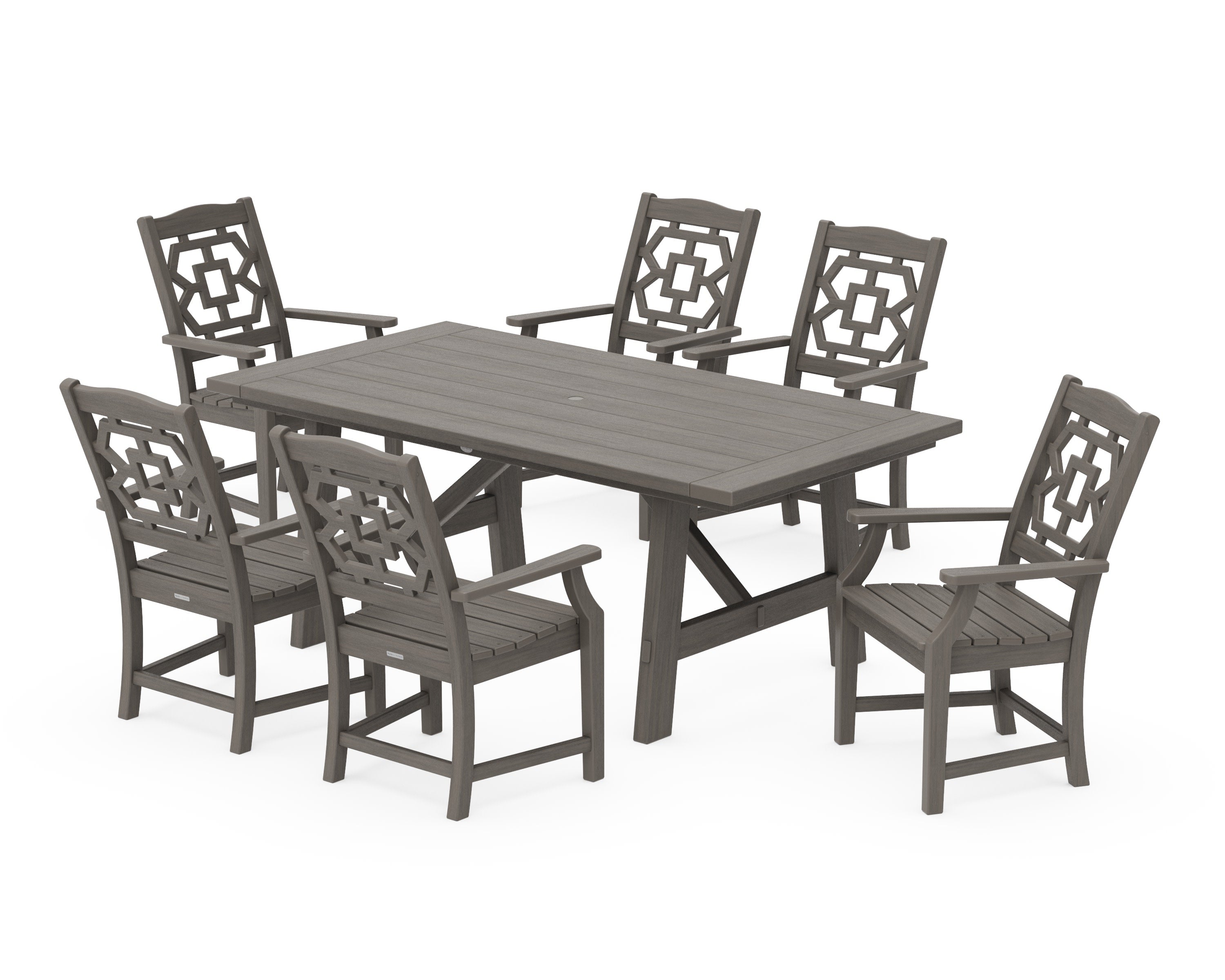 Chinoiserie Arm Chair 7-Piece Rustic Farmhouse Dining Set in Driftwood