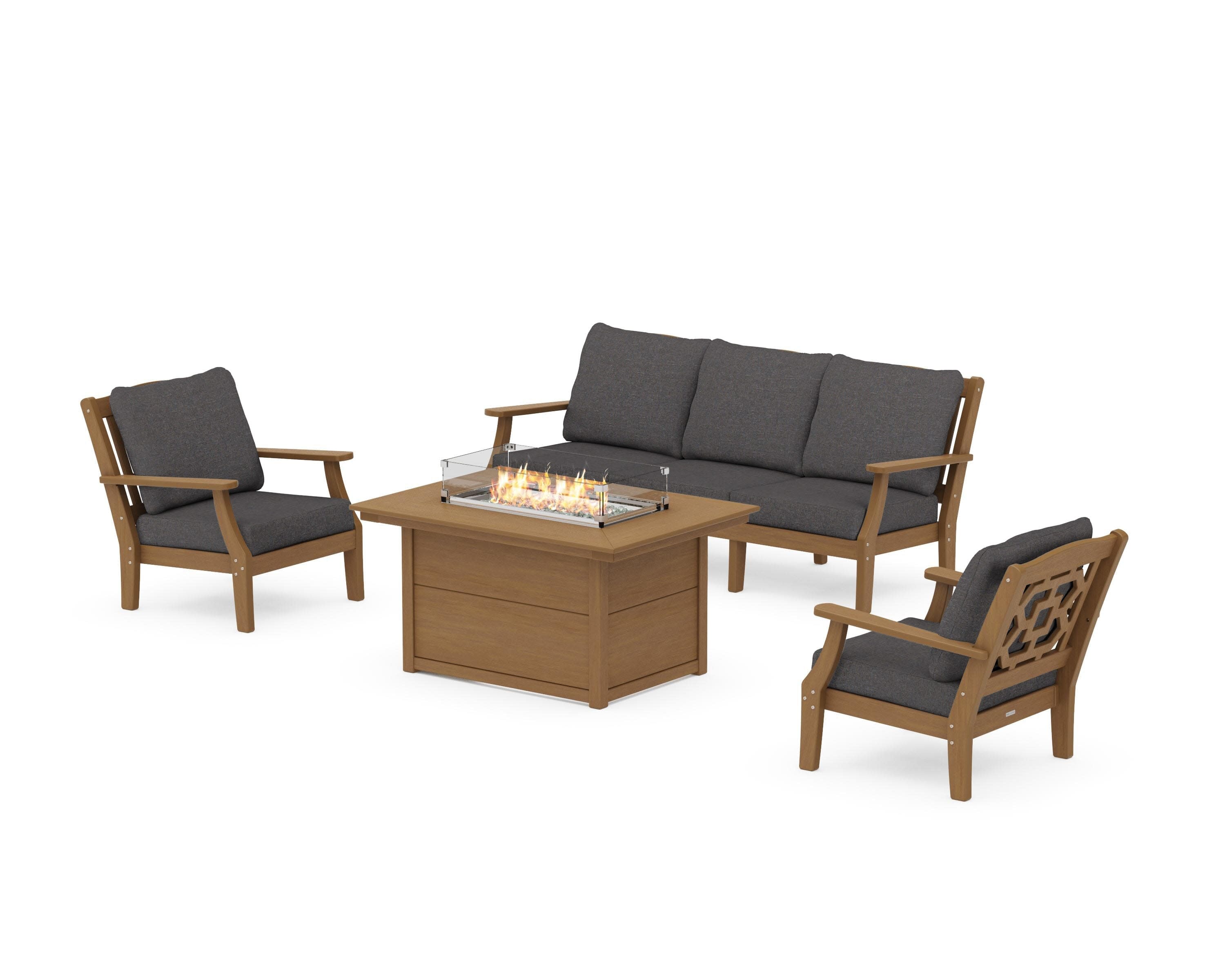 Chinoiserie Deep Seating Fire Pit Table Set in Natural / Ash Charcoal