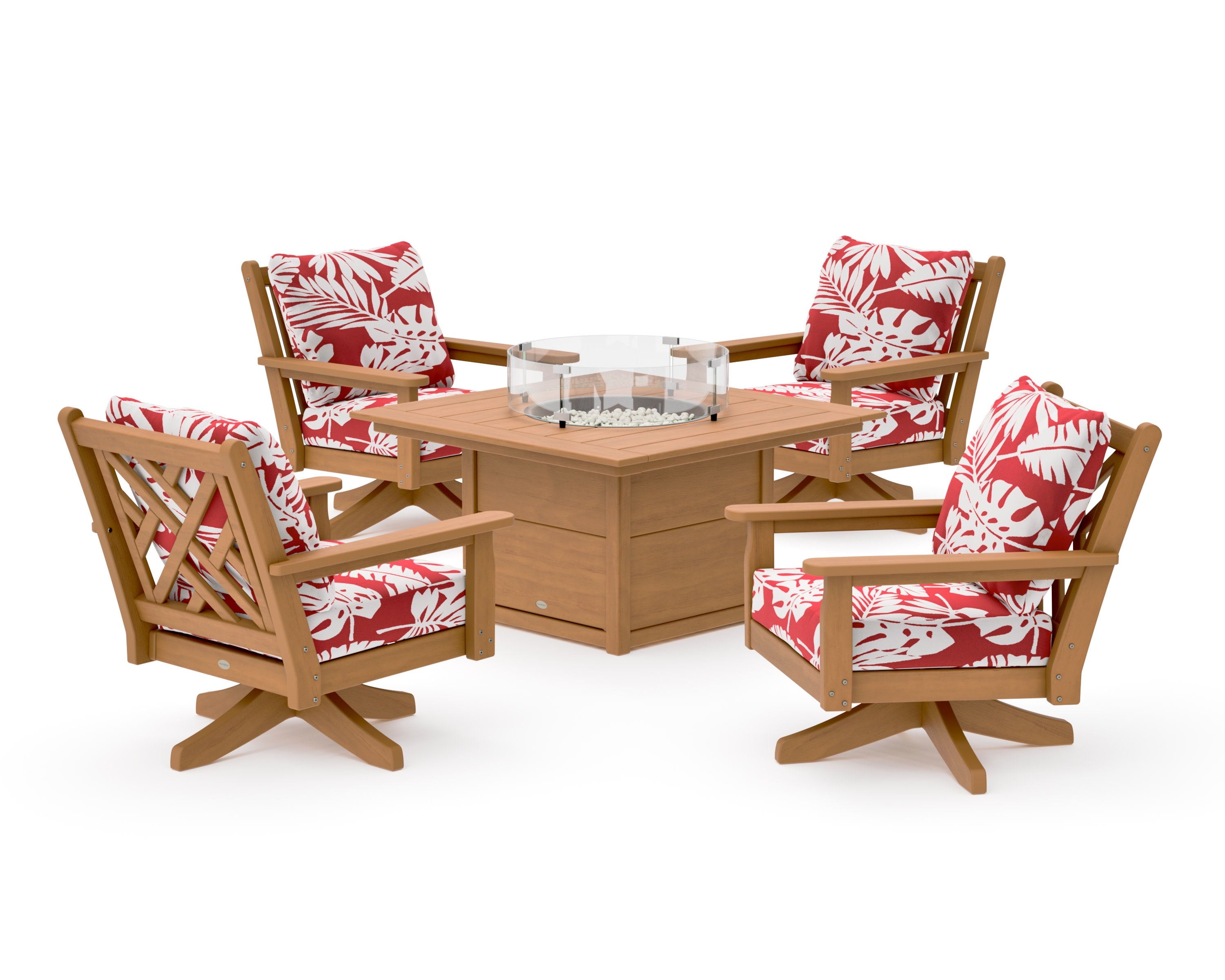 Chippendale 5-Piece Deep Seating Swivel Conversation Set with Fire Pit Table in Natural / Leaf Crimson